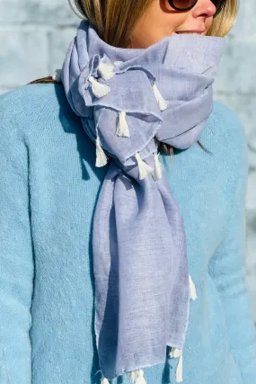 Plain Tassel Scarf | Sky Blue x White