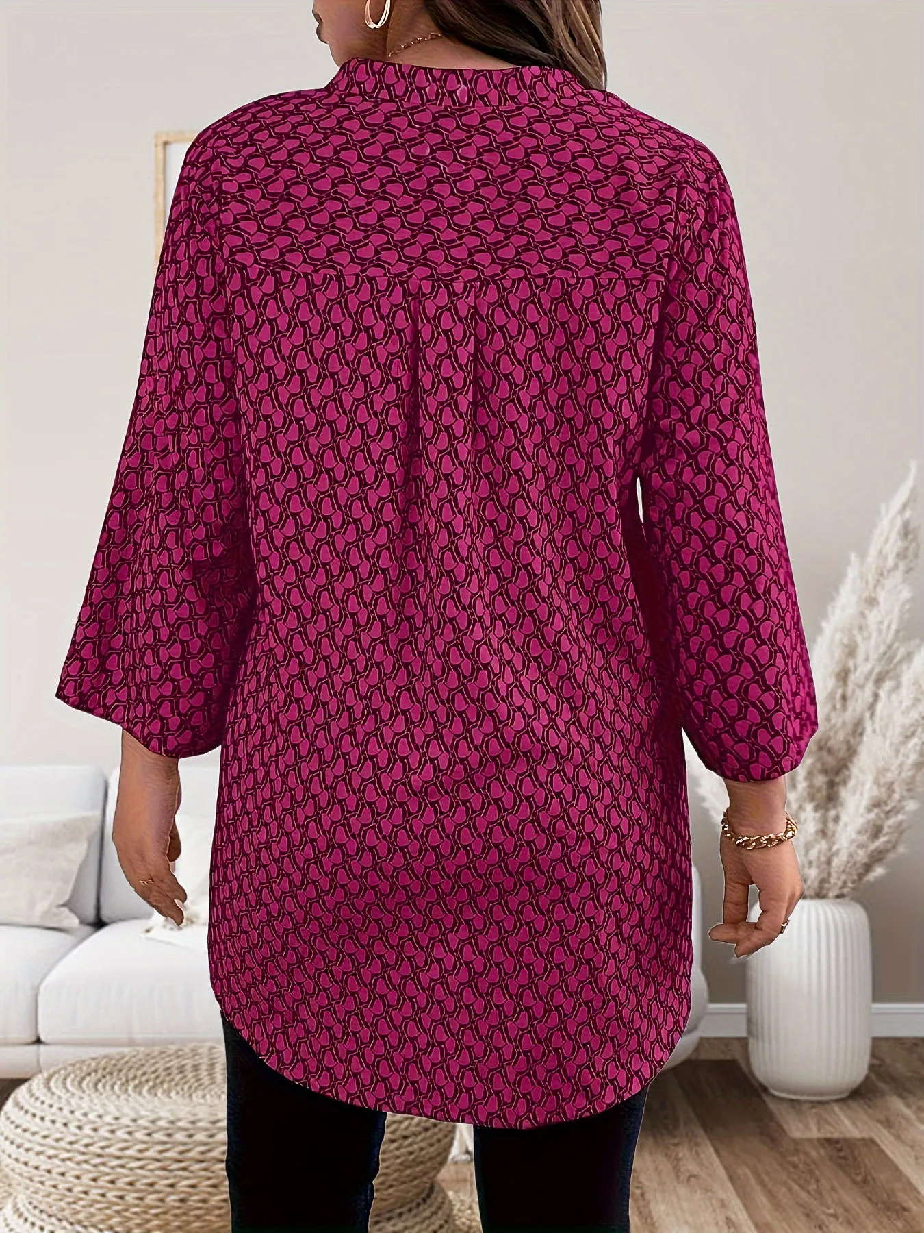 Plus Size Casual Blouse, Women's Plus Allover Print Roll Up Sleeve Notched Neck Tunic Top