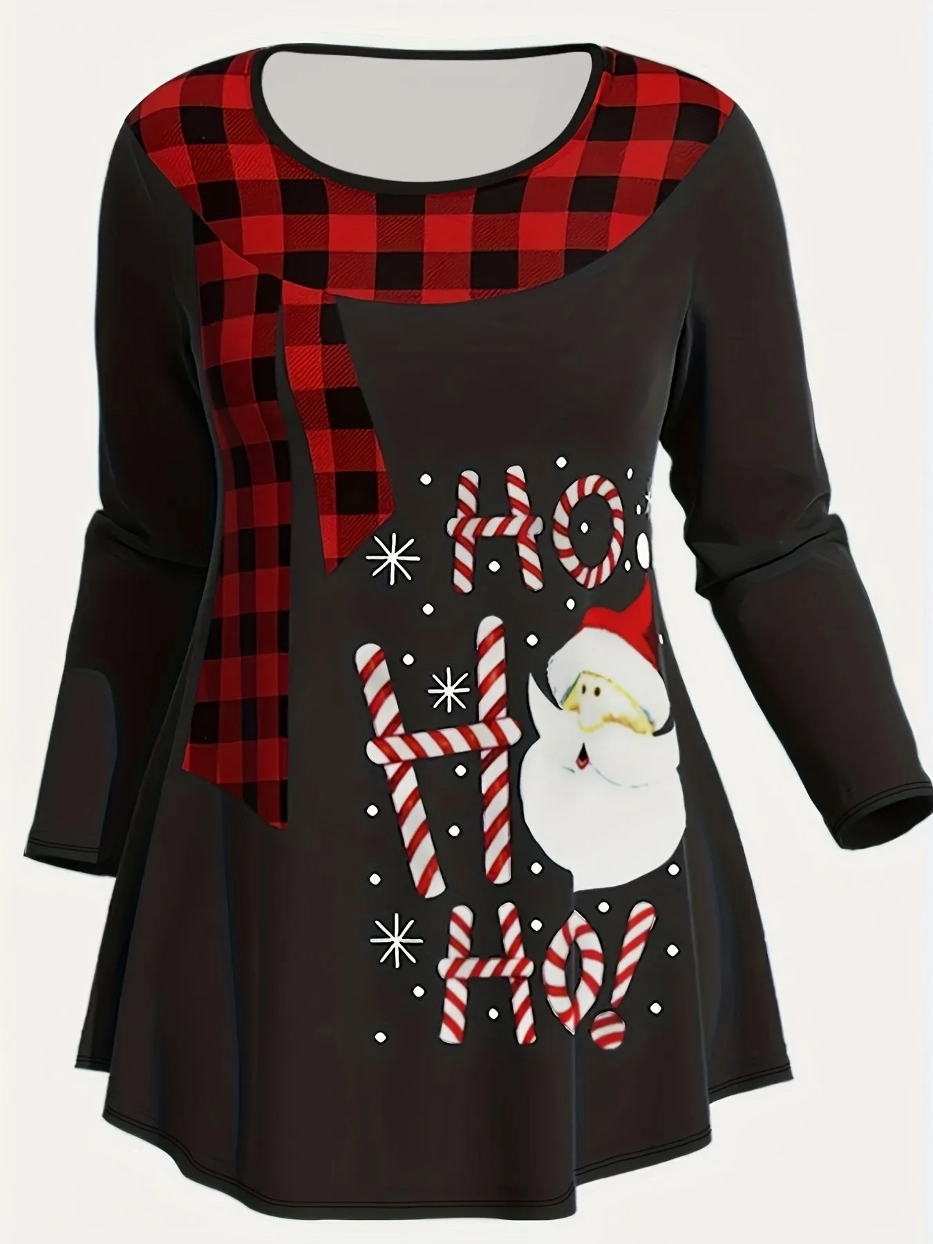 Plus Size Christmas Outfits Set, Women's Plus Colorblock Plaid & Santa Claus & Art Letter Print Long Sleeve Round Neck Tunic Top & Leggings Outfits Two Piece Set