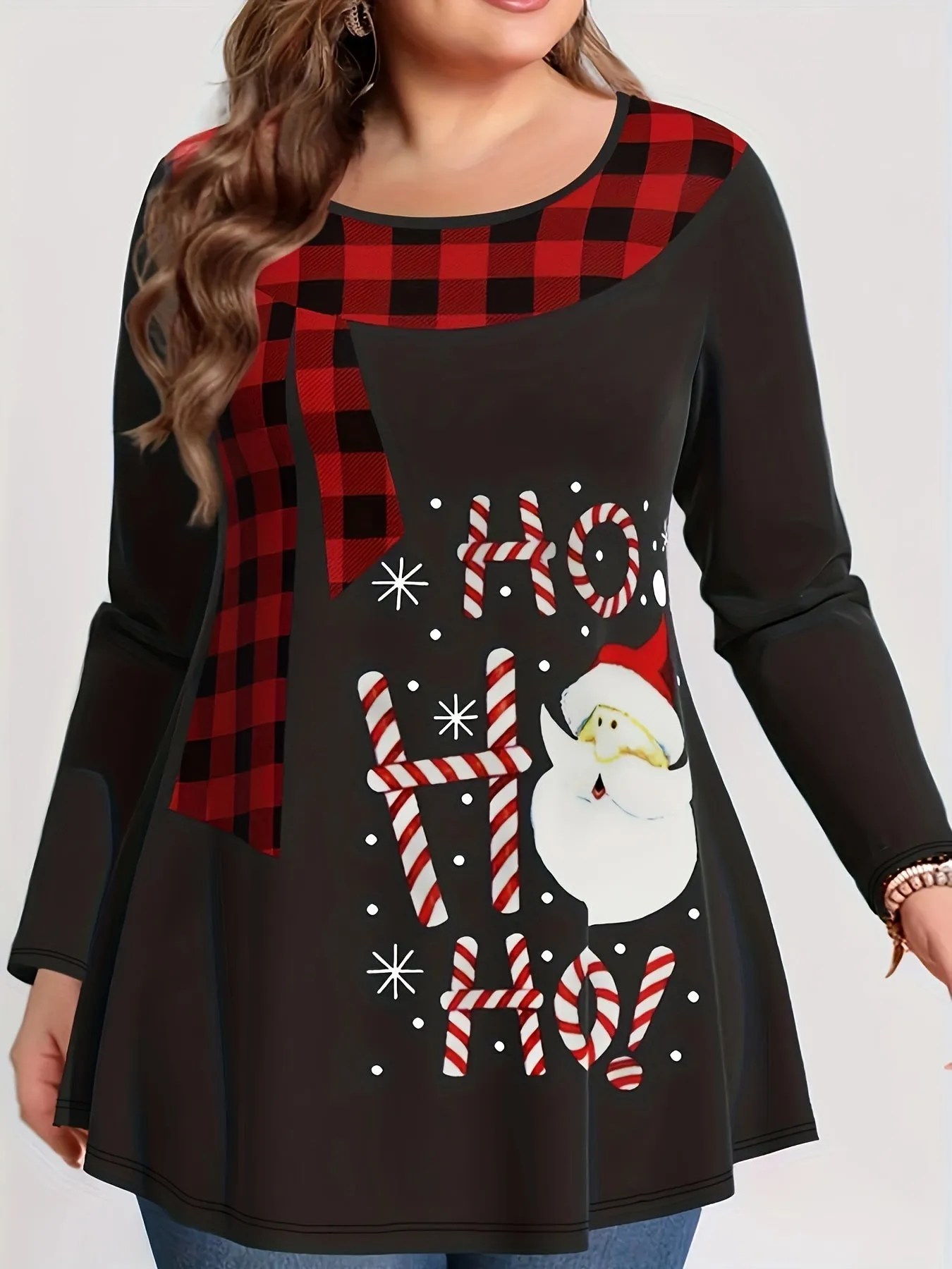 Plus Size Christmas Outfits Set, Women's Plus Colorblock Plaid & Santa Claus & Art Letter Print Long Sleeve Round Neck Tunic Top & Leggings Outfits Two Piece Set