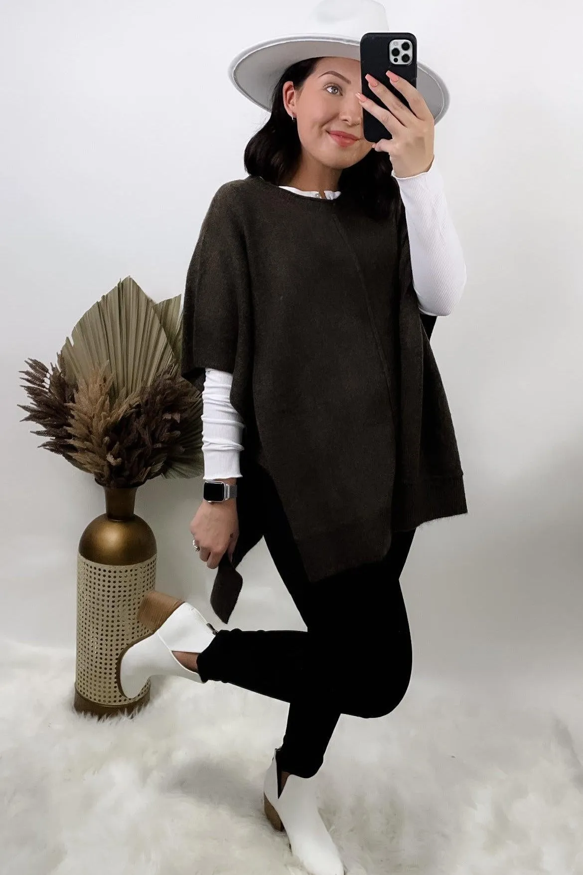 Poncho Average Chick- {Mauve & Brown} Round Neck Poncho Sweater