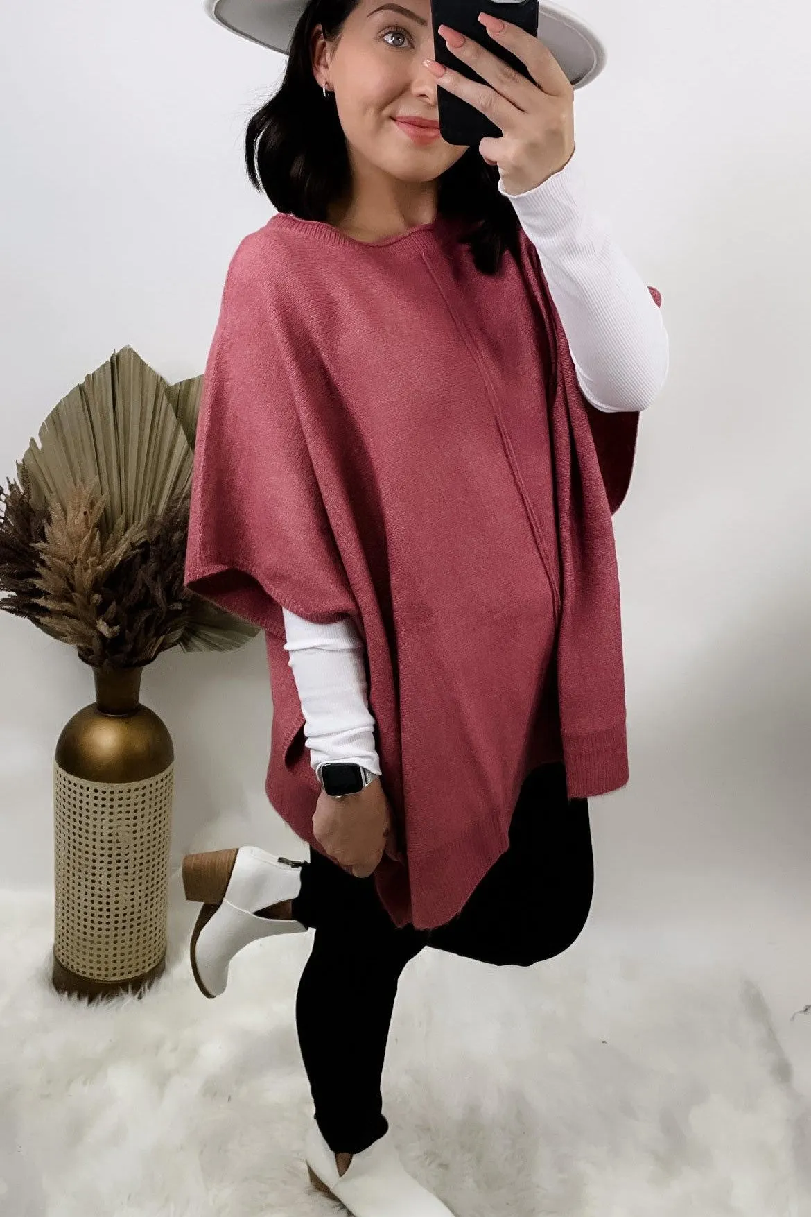 Poncho Average Chick- {Mauve & Brown} Round Neck Poncho Sweater