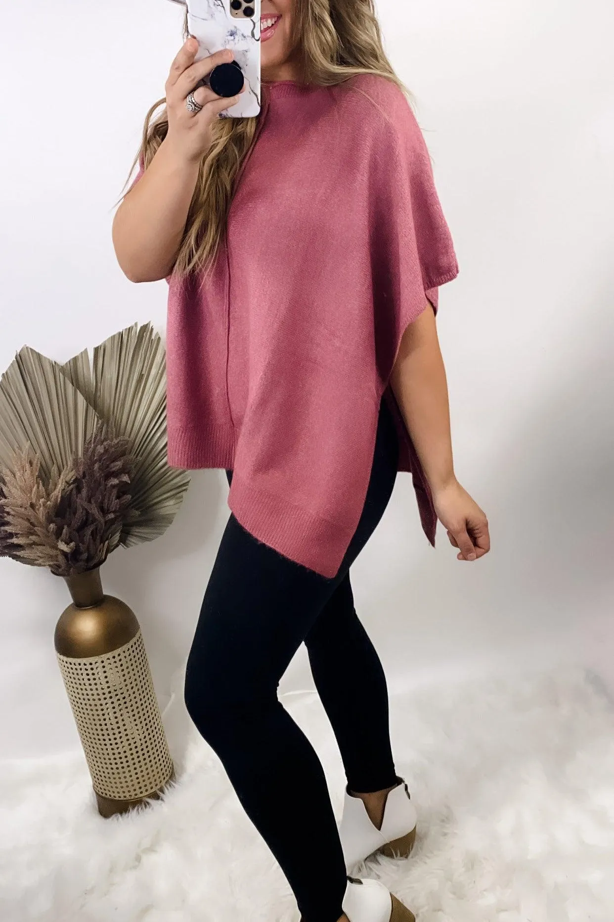 Poncho Average Chick- {Mauve & Brown} Round Neck Poncho Sweater