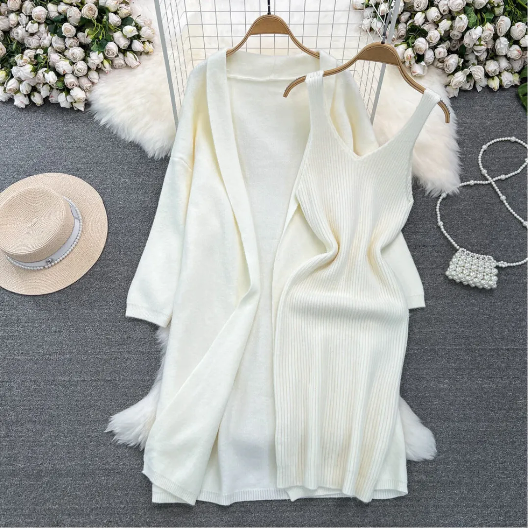 Pre Order:  Long Loose Knitted Cardigan   Sleeveless Dress Set