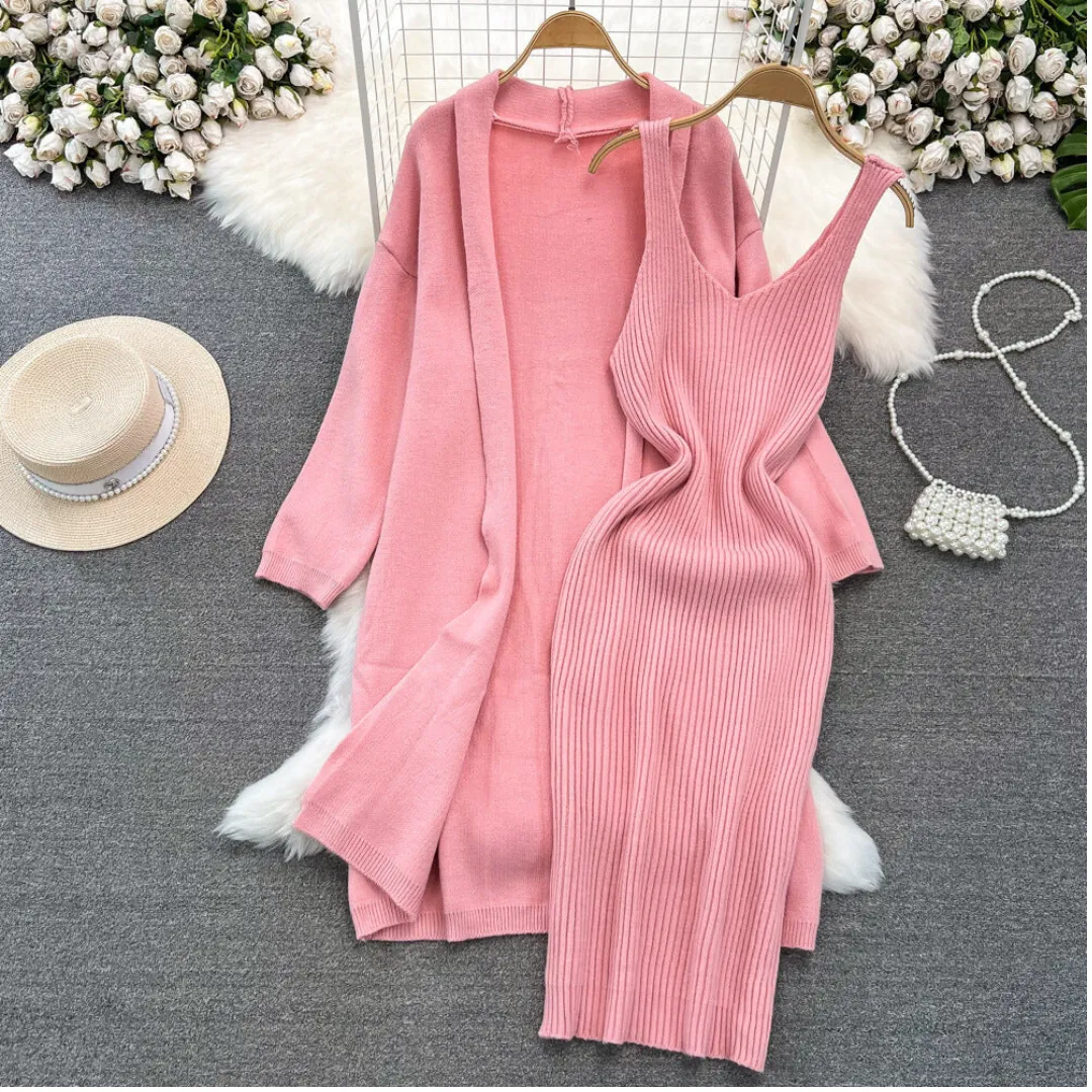 Pre Order:  Long Loose Knitted Cardigan   Sleeveless Dress Set