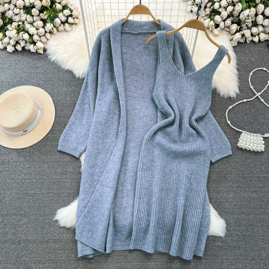 Pre Order:  Long Loose Knitted Cardigan   Sleeveless Dress Set