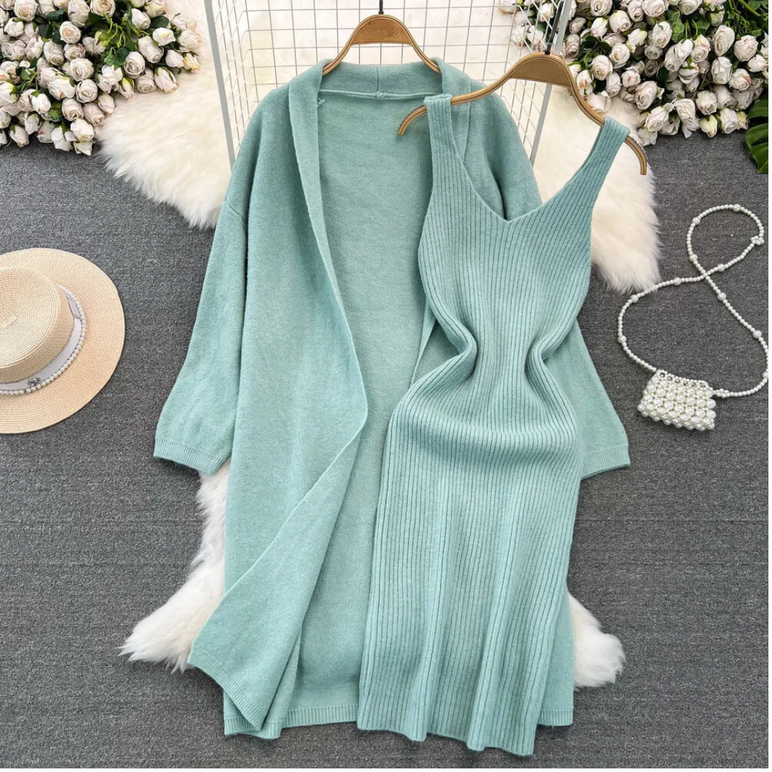 Pre Order:  Long Loose Knitted Cardigan   Sleeveless Dress Set