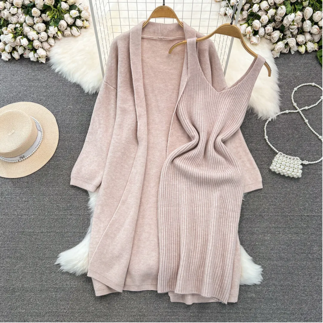 Pre Order:  Long Loose Knitted Cardigan   Sleeveless Dress Set