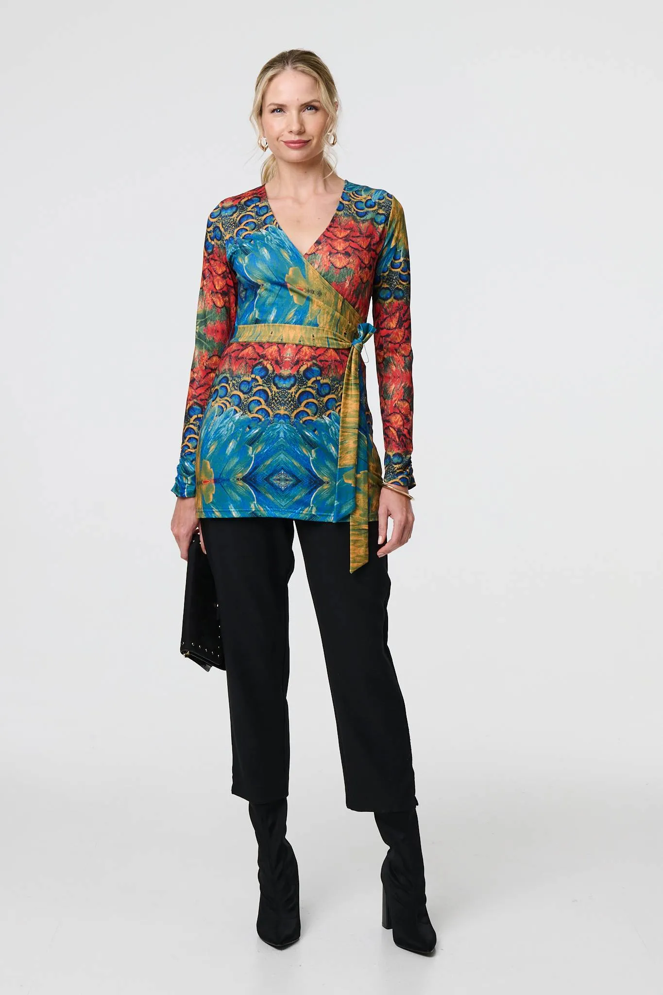 Printed Tie Waist Long Sleeve Wrap Tunic Top