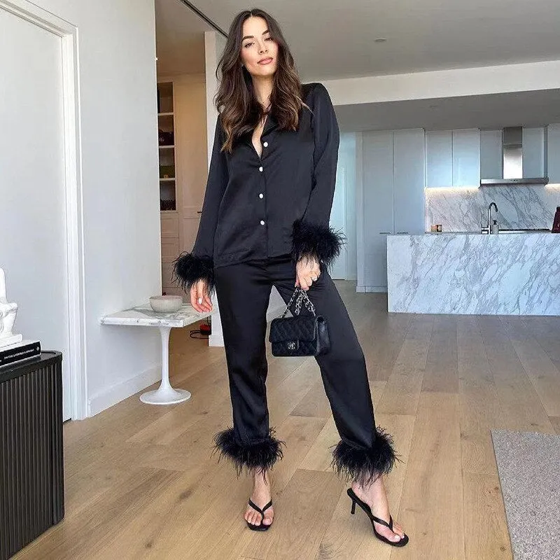 Purpdrank - Casual Two Piece Pants Set For Women Black Fleece Fur Long Sleeve Top Shirt And Pantsuit Ladies Fashion Party Suit