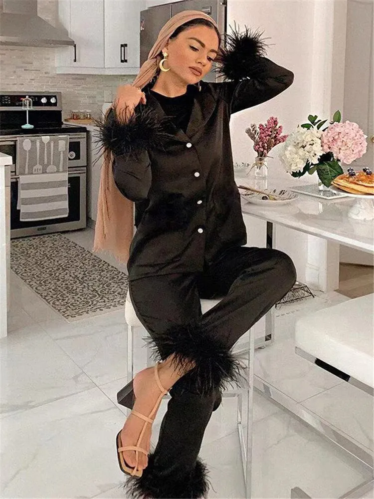 Purpdrank - Casual Two Piece Pants Set For Women Black Fleece Fur Long Sleeve Top Shirt And Pantsuit Ladies Fashion Party Suit