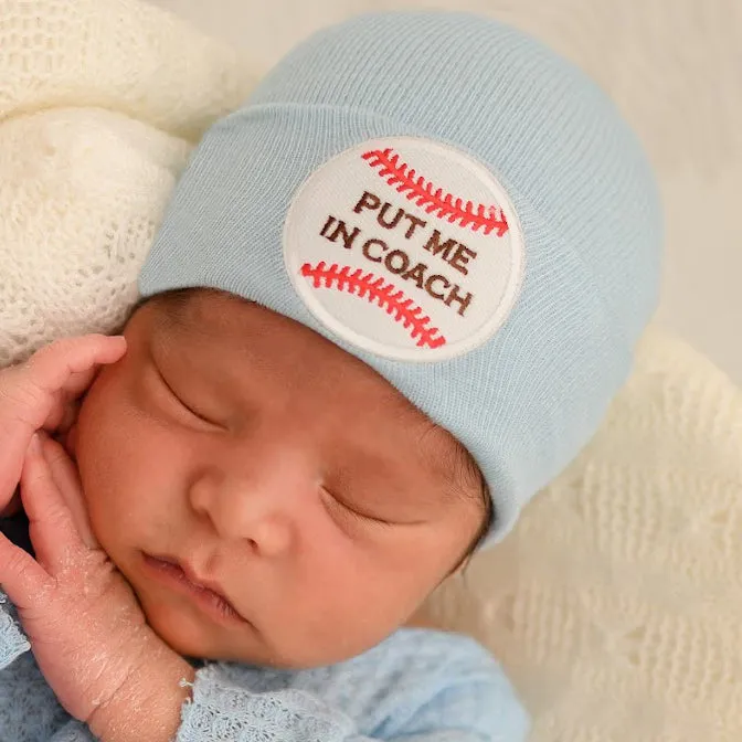 Put Me In Coach Pom Pom - Blue or White Baseball Hat for Newborn Boys - Sports Hospital Hat (Copy)