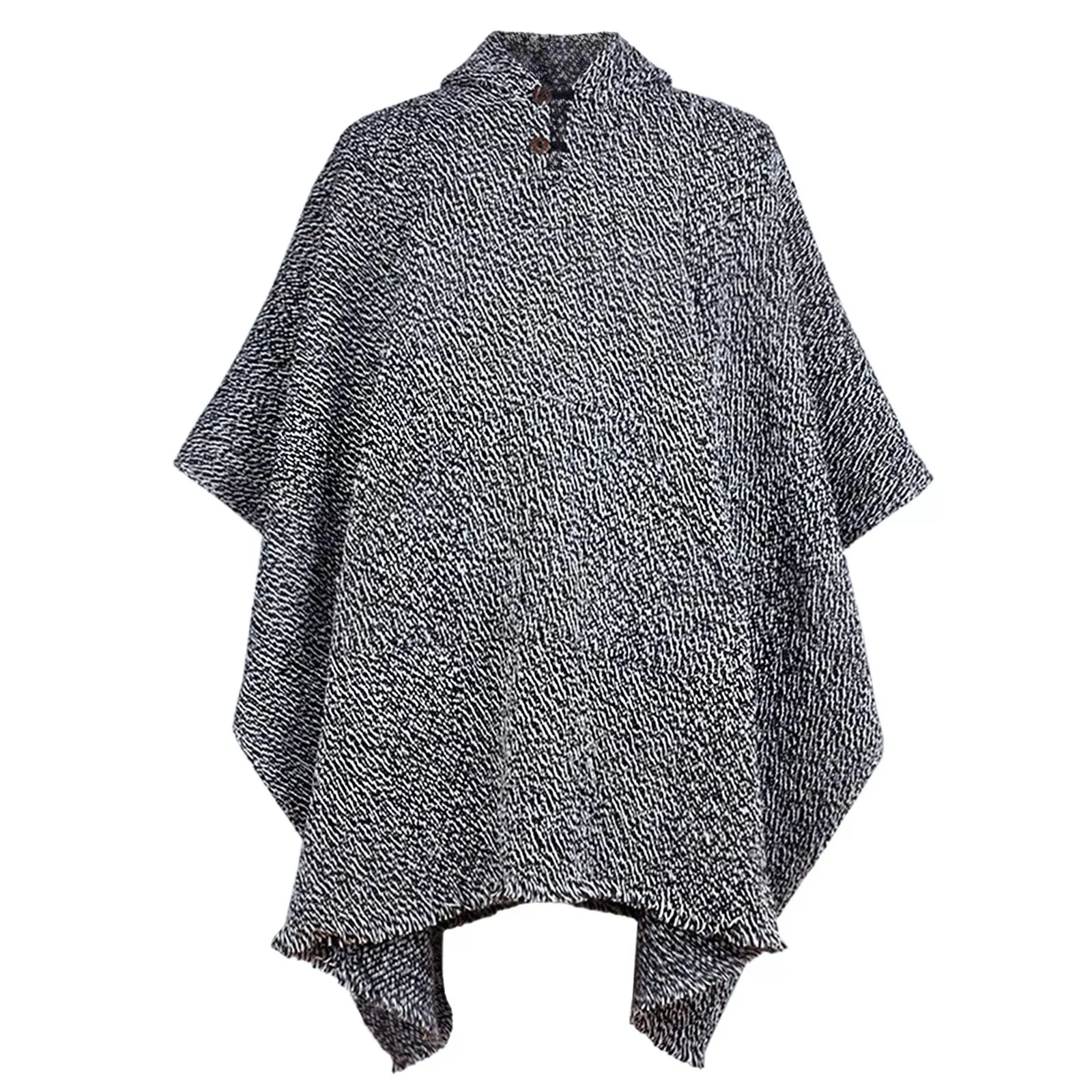 Quevedo - Llama Wool Unisex South American Handwoven Hooded Poncho - black and white pattern - pocket