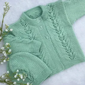 "Abby" hand knit merino baby cardigan and hat set