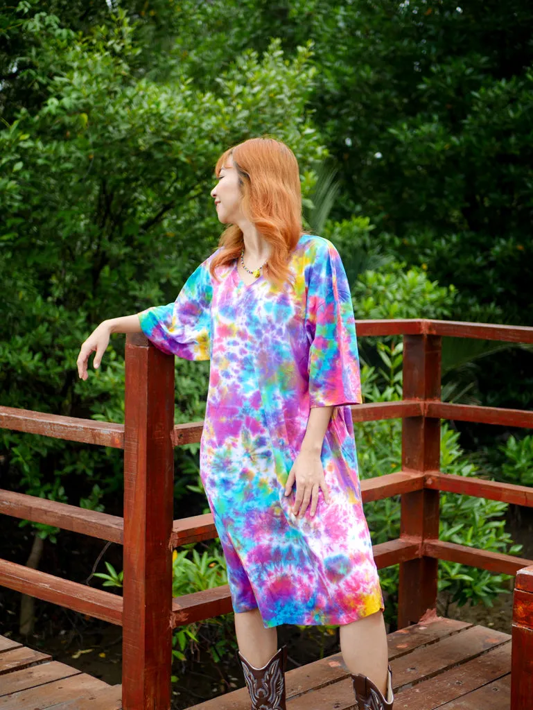 Rainbow Clouds Hippie Oversized Cotton Tunic Shirt Dress