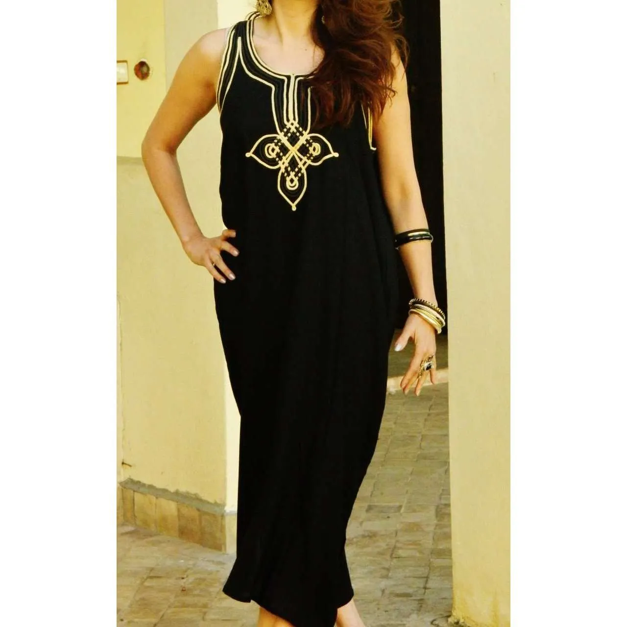 Resort Non-Sleeve Black Kaftan Agadir Style