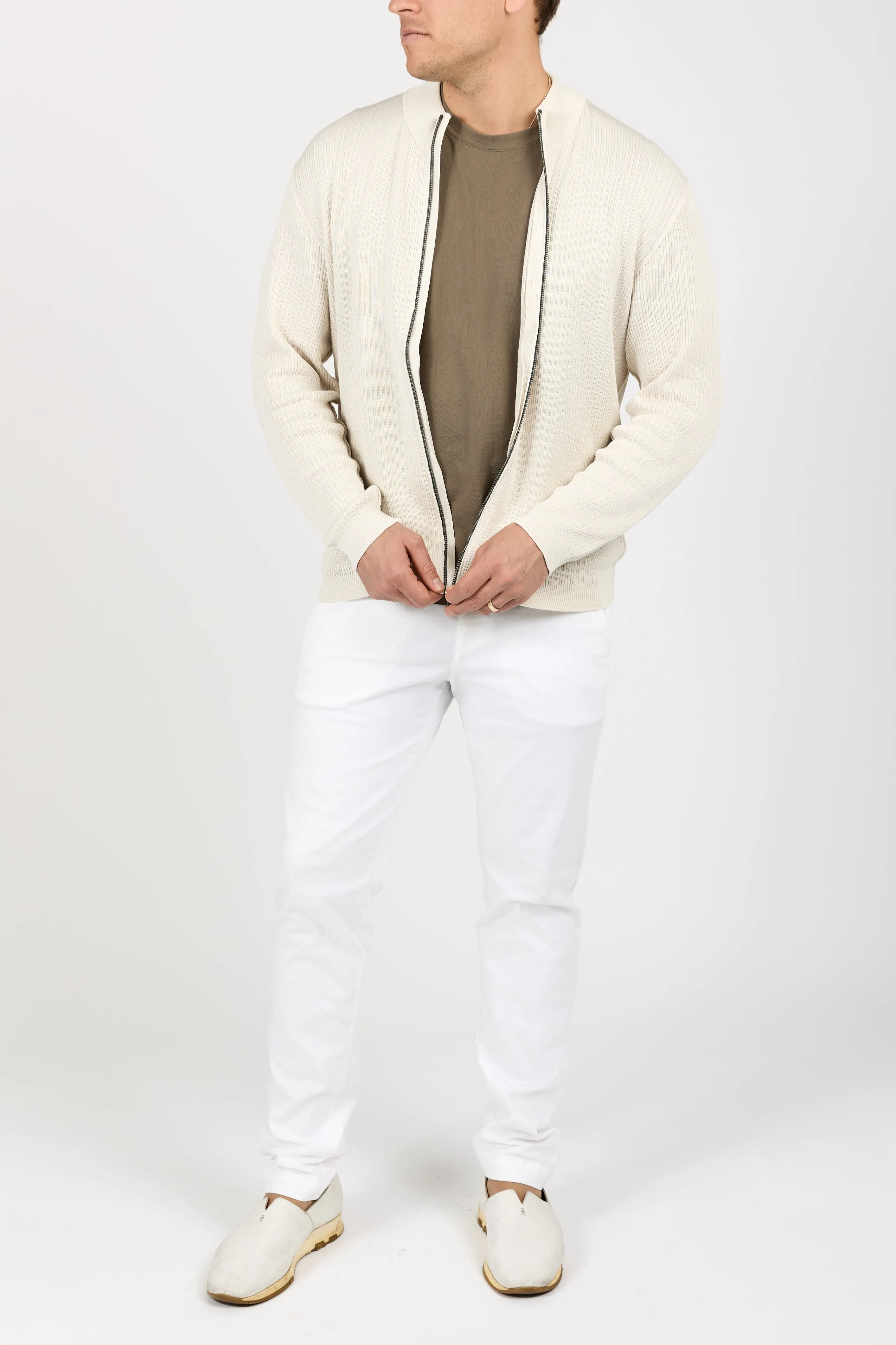 Ribbed Cotton Zip-Up Cardigan in Ice