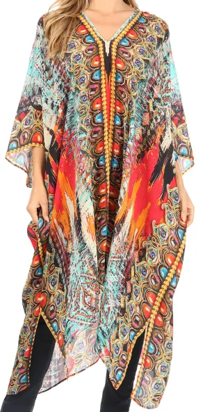 Sakkas Alvita Women's V Neck Beach Dress Top Caftan Cover up with Rhinestones