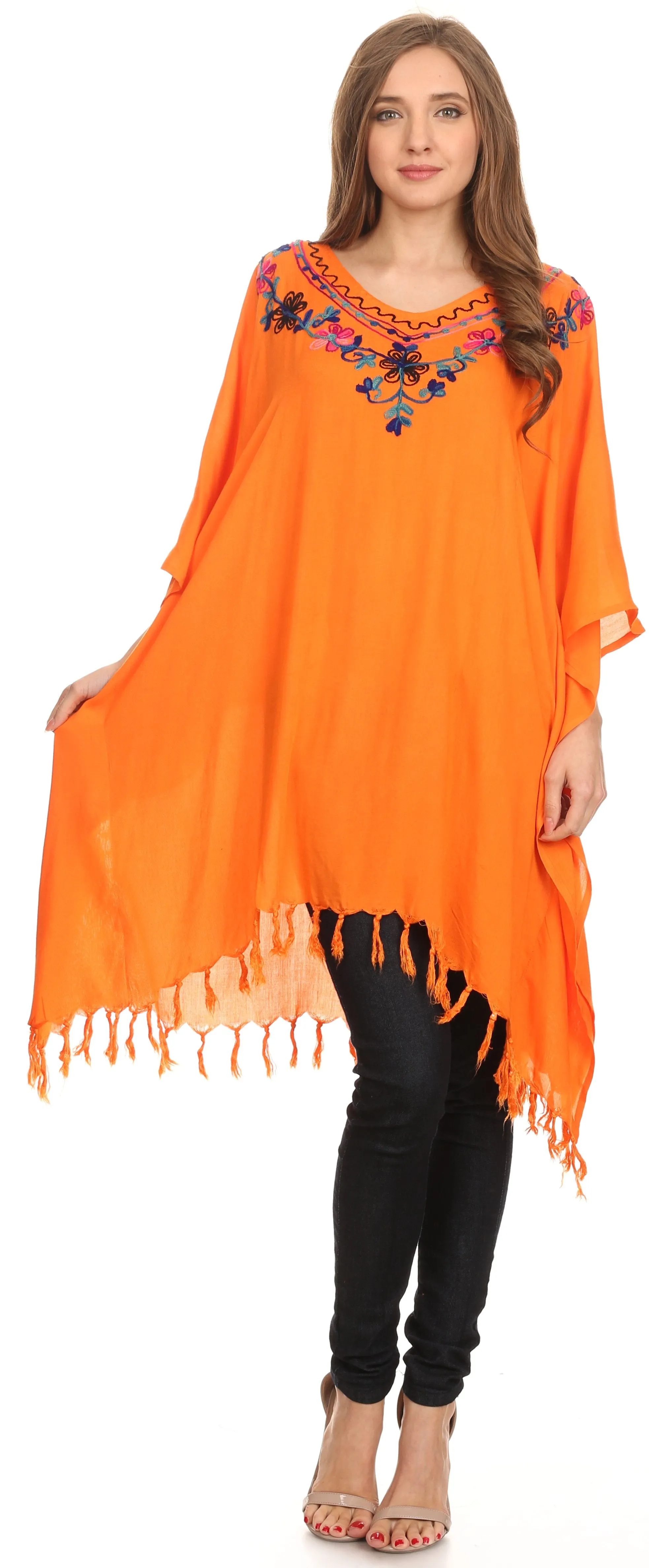 Sakkas  Ballary Embroidered Square Poncho Top Open Sleeves Cover Up With Fringe