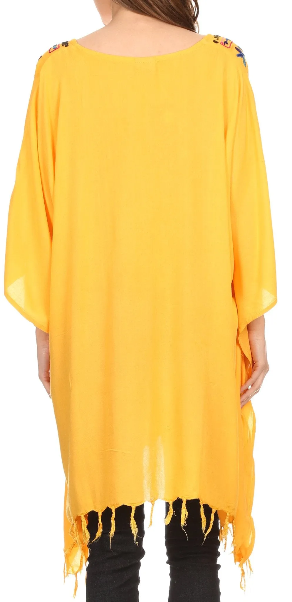 Sakkas  Ballary Embroidered Square Poncho Top Open Sleeves Cover Up With Fringe