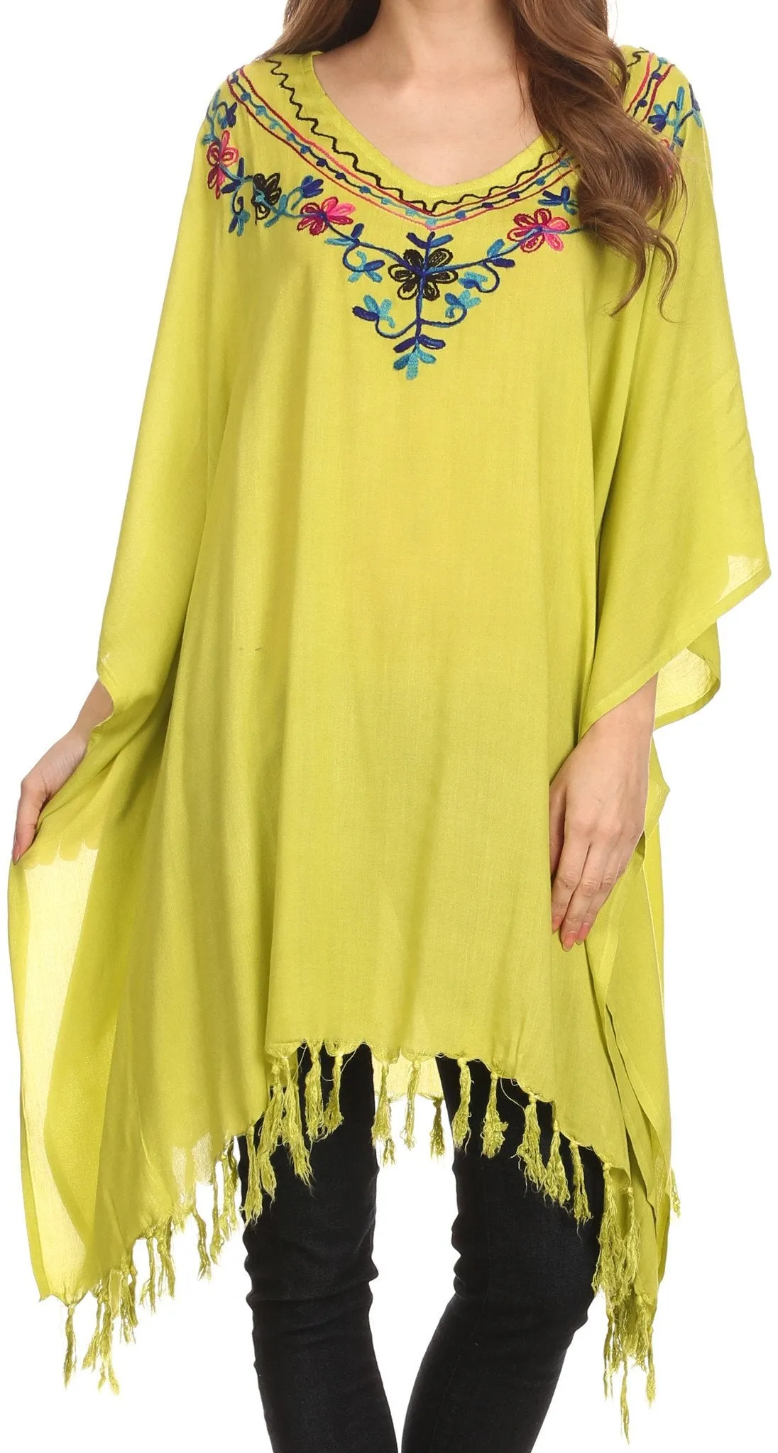 Sakkas  Ballary Embroidered Square Poncho Top Open Sleeves Cover Up With Fringe