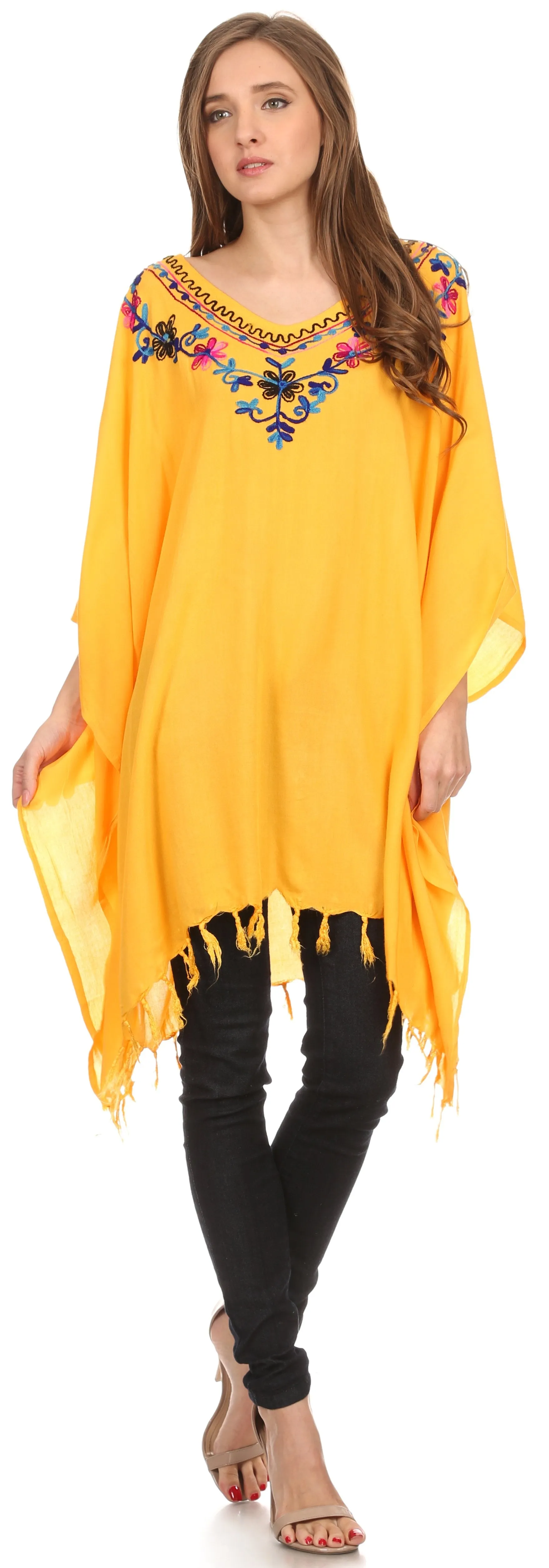 Sakkas  Ballary Embroidered Square Poncho Top Open Sleeves Cover Up With Fringe