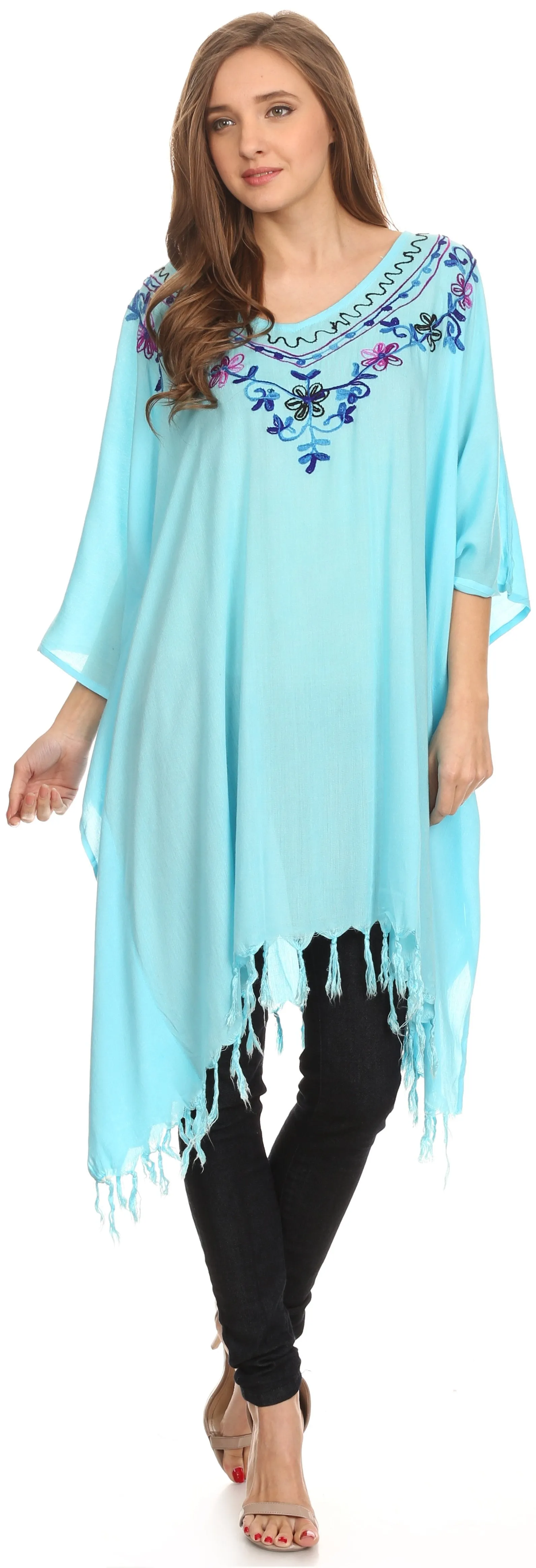 Sakkas  Ballary Embroidered Square Poncho Top Open Sleeves Cover Up With Fringe