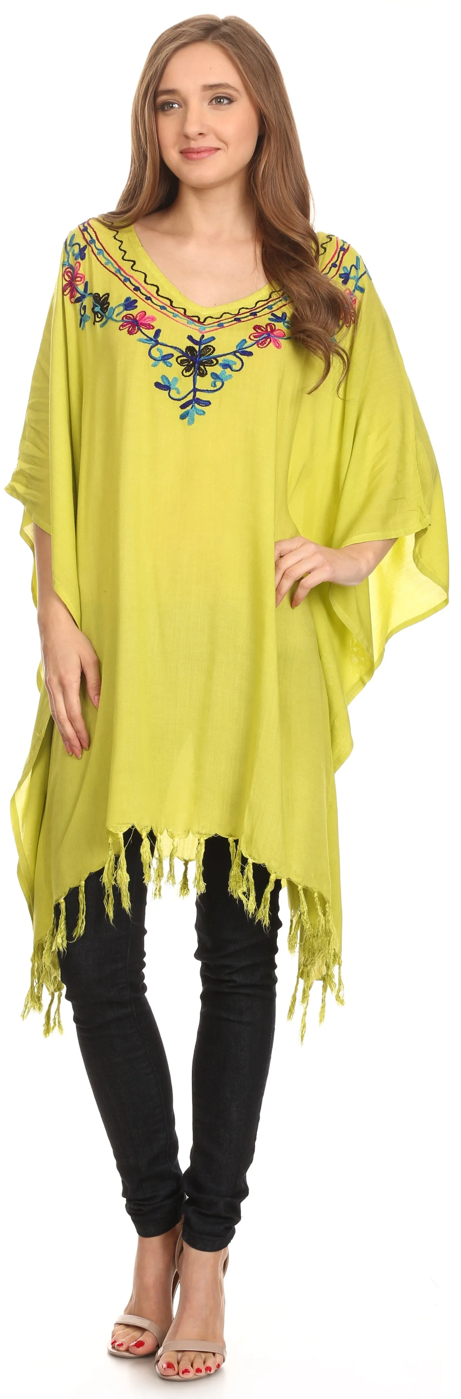 Sakkas  Ballary Embroidered Square Poncho Top Open Sleeves Cover Up With Fringe