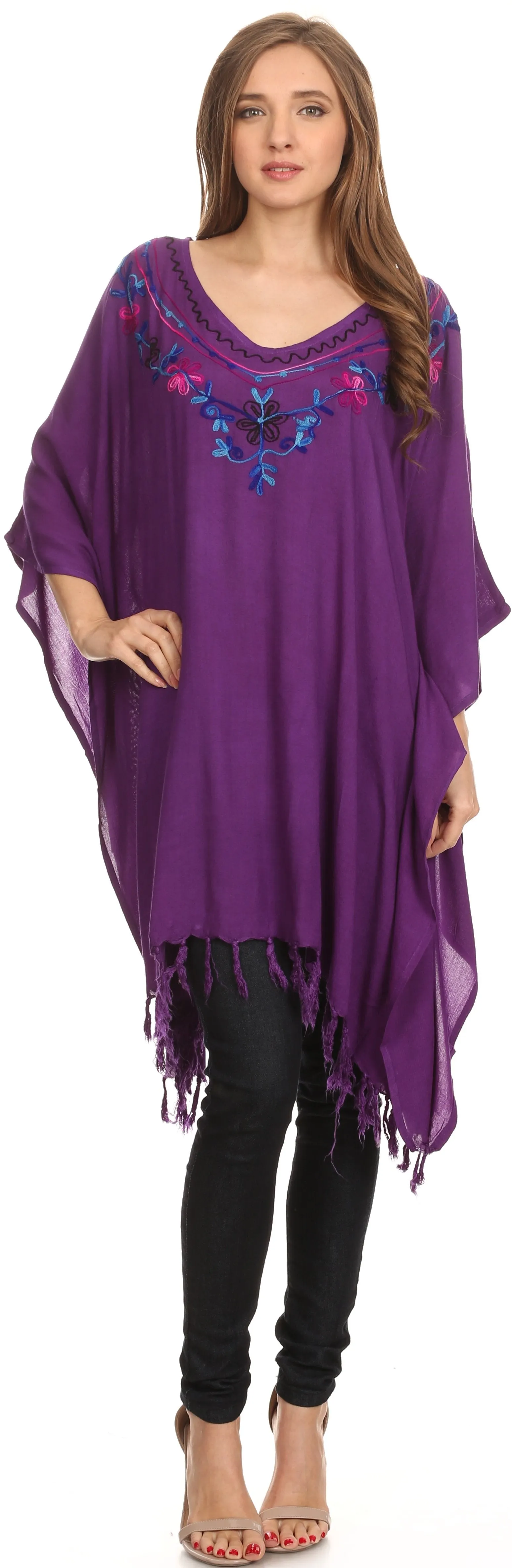 Sakkas  Ballary Embroidered Square Poncho Top Open Sleeves Cover Up With Fringe