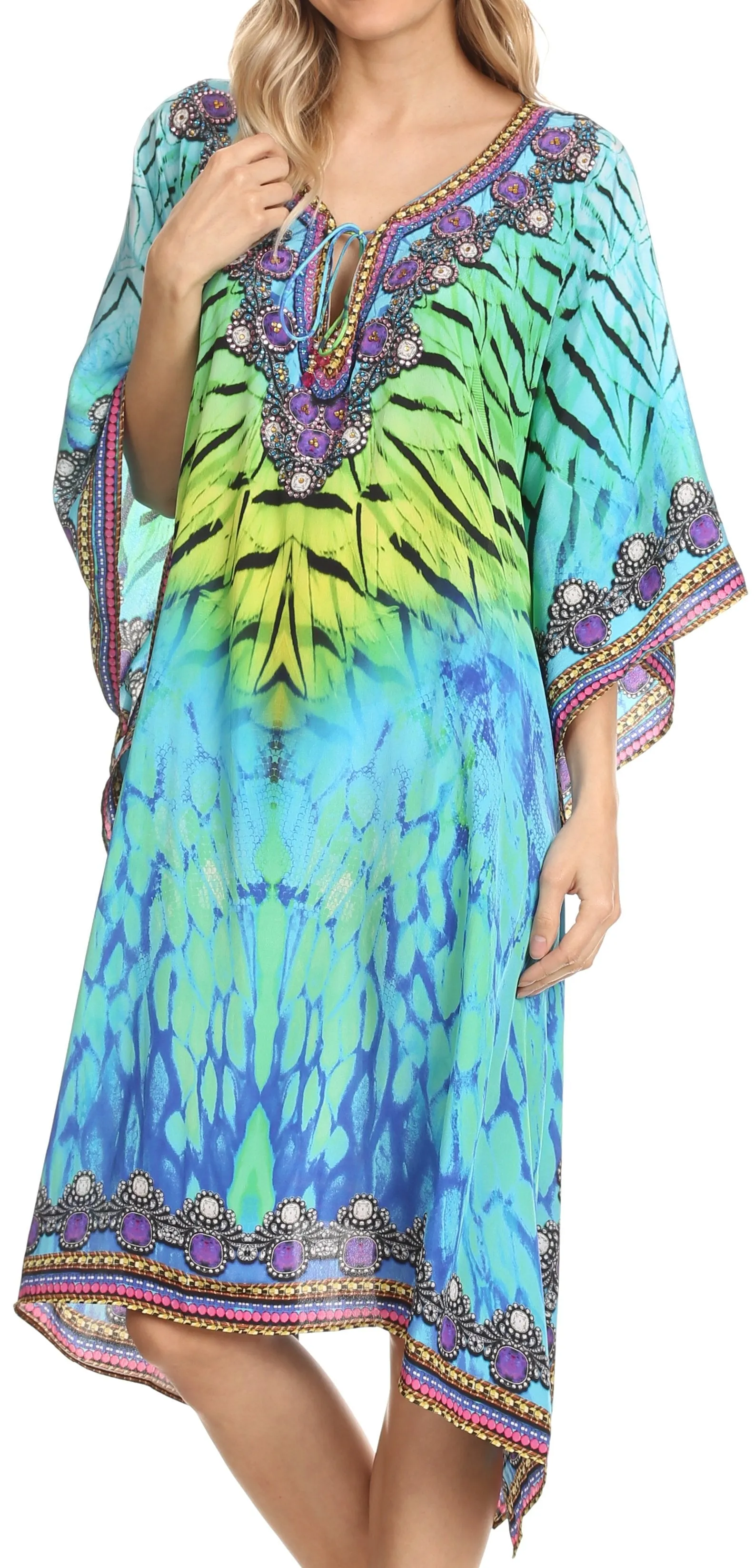 Sakkas Jenni Printed Caftan Dress / Cover Up With Adjustable Neck / Rhinestones