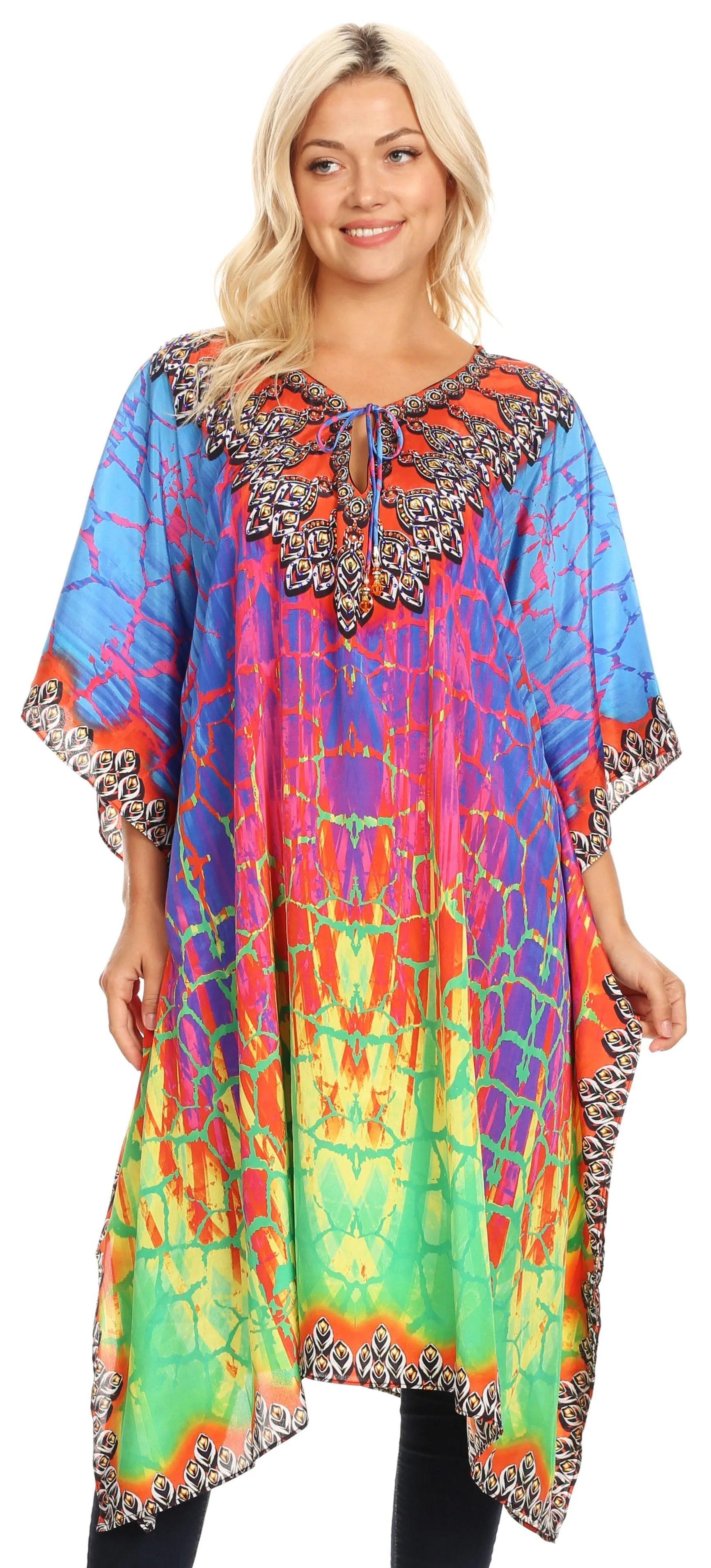 Sakkas Jenni Women's Mid Length Boho Caftan Kaftan Dress Cover up Flowy Rhinestone