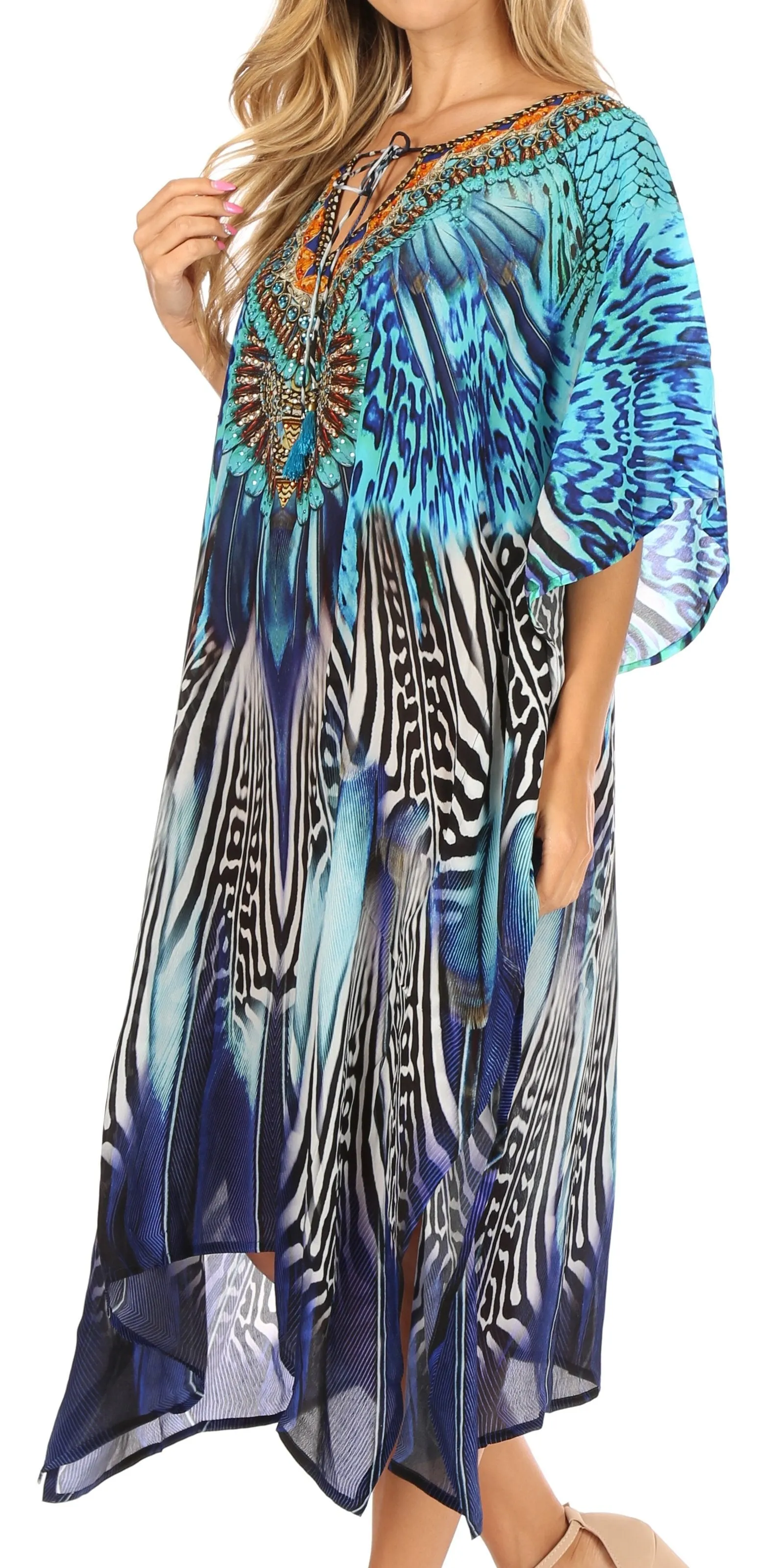 Sakkas Jenni Women's Mid Length Boho Caftan Kaftan Dress Cover up Flowy Rhinestone