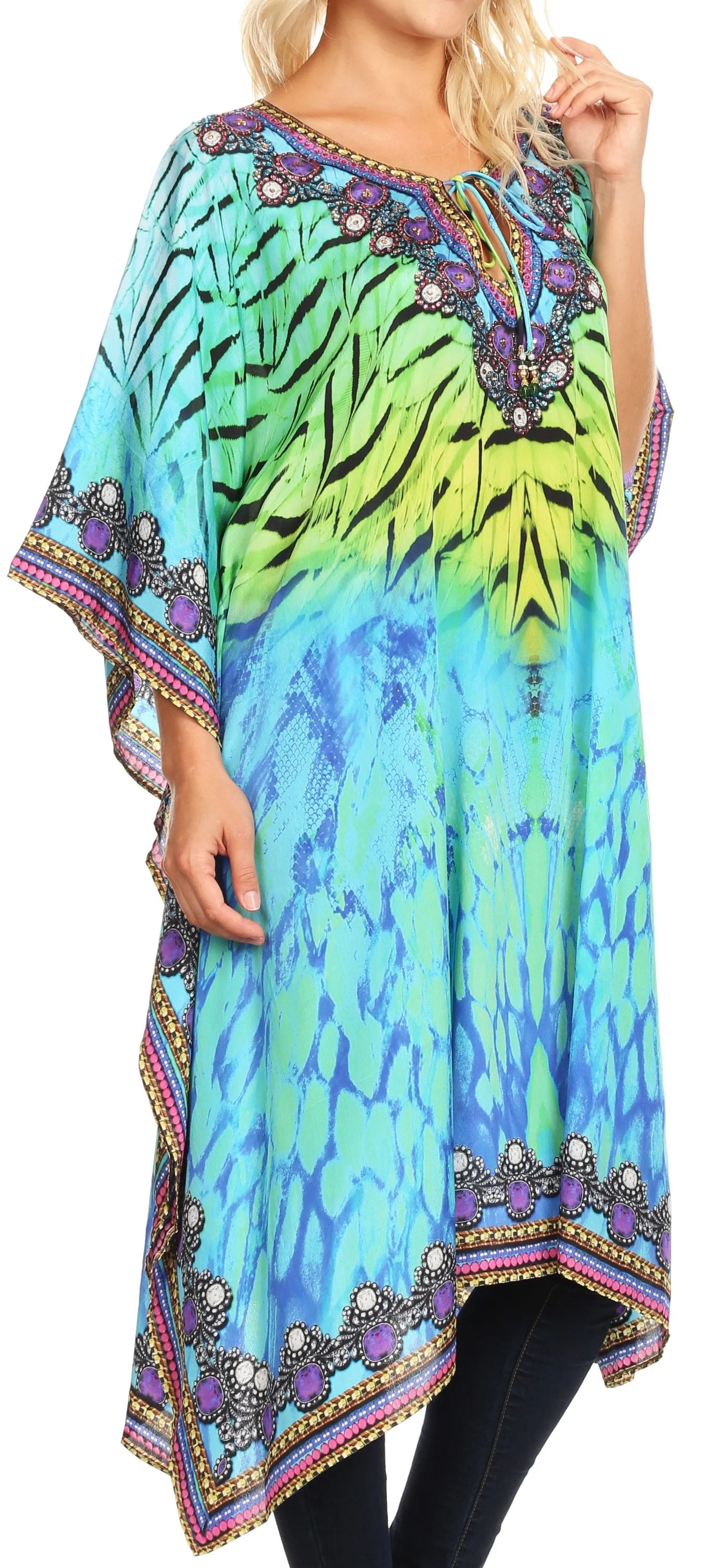 Sakkas Jenni Women's Mid Length Boho Caftan Kaftan Dress Cover up Flowy Rhinestone