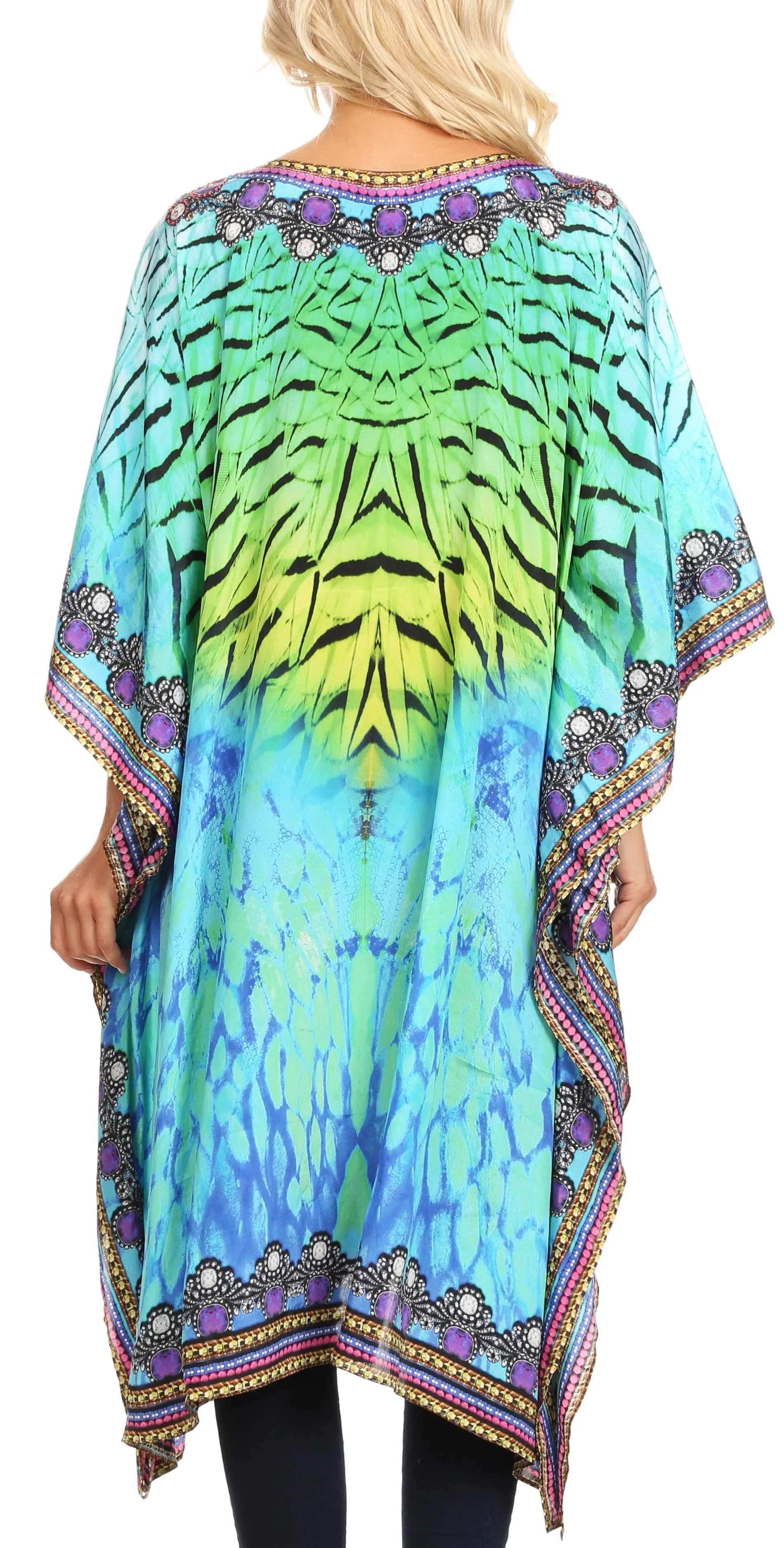 Sakkas Jenni Women's Mid Length Boho Caftan Kaftan Dress Cover up Flowy Rhinestone