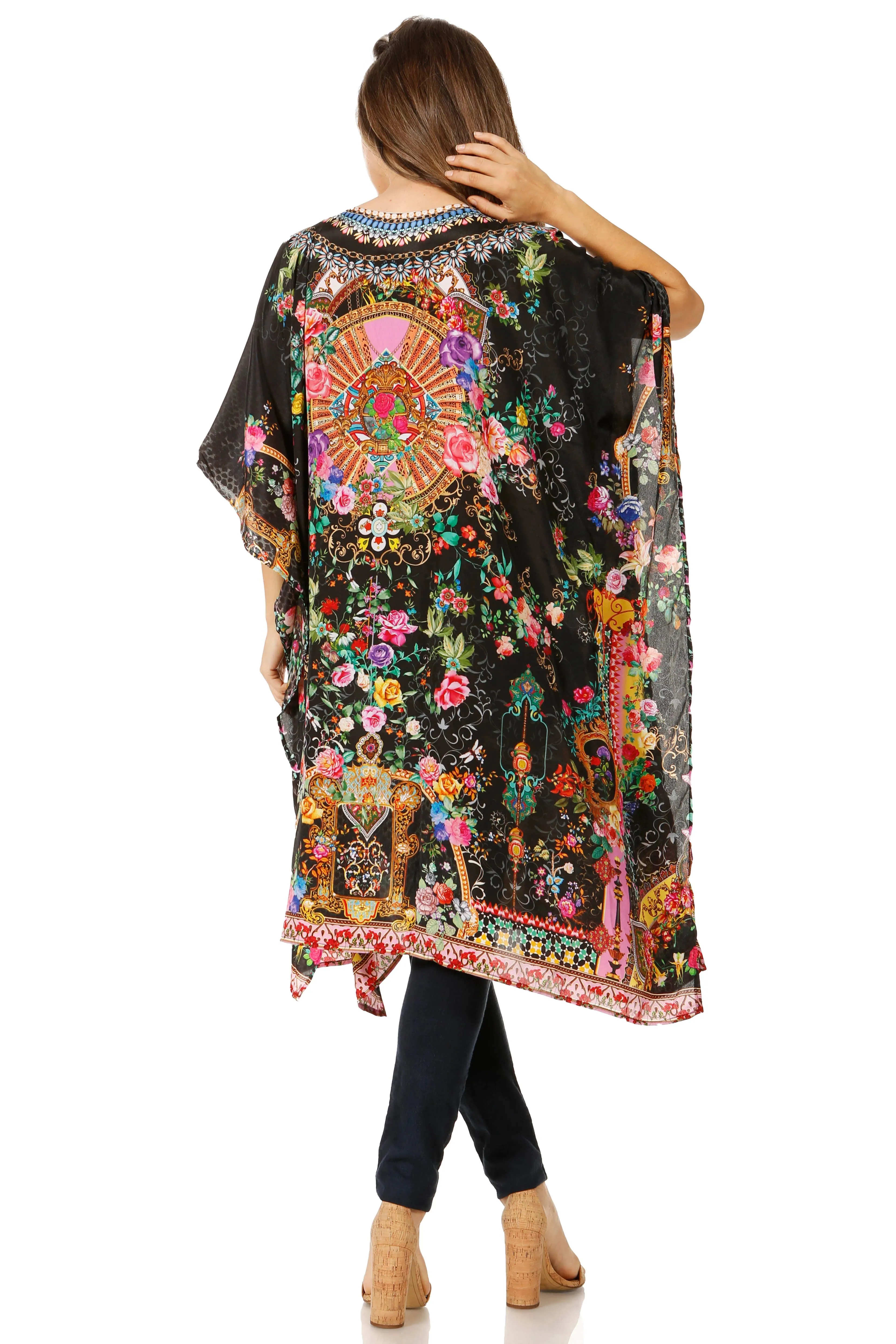 Sakkas Jenni Women's Mid Length Boho Caftan Kaftan Dress Cover up Flowy Rhinestone