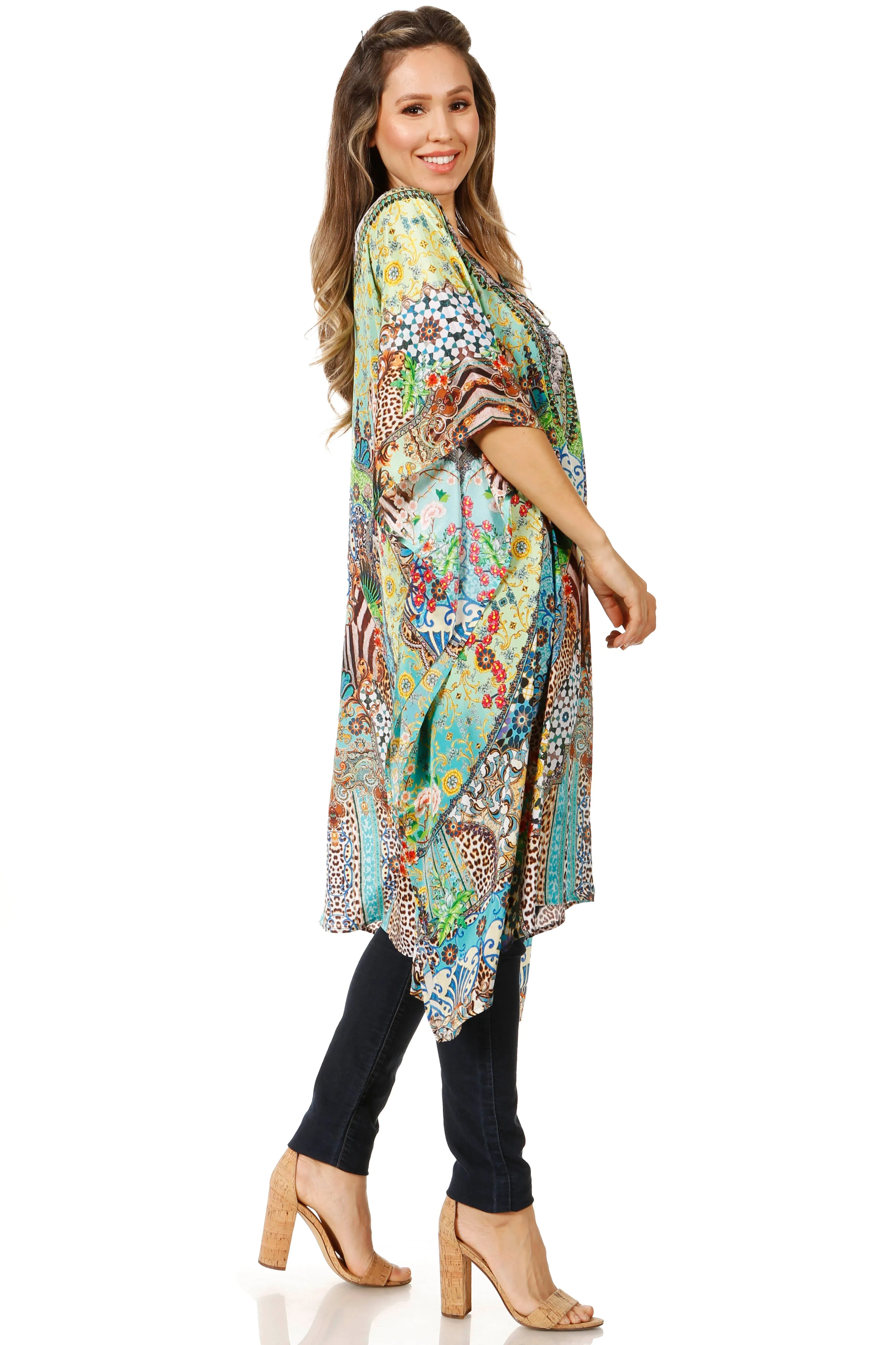 Sakkas Jenni Women's Mid Length Boho Caftan Kaftan Dress Cover up Flowy Rhinestone