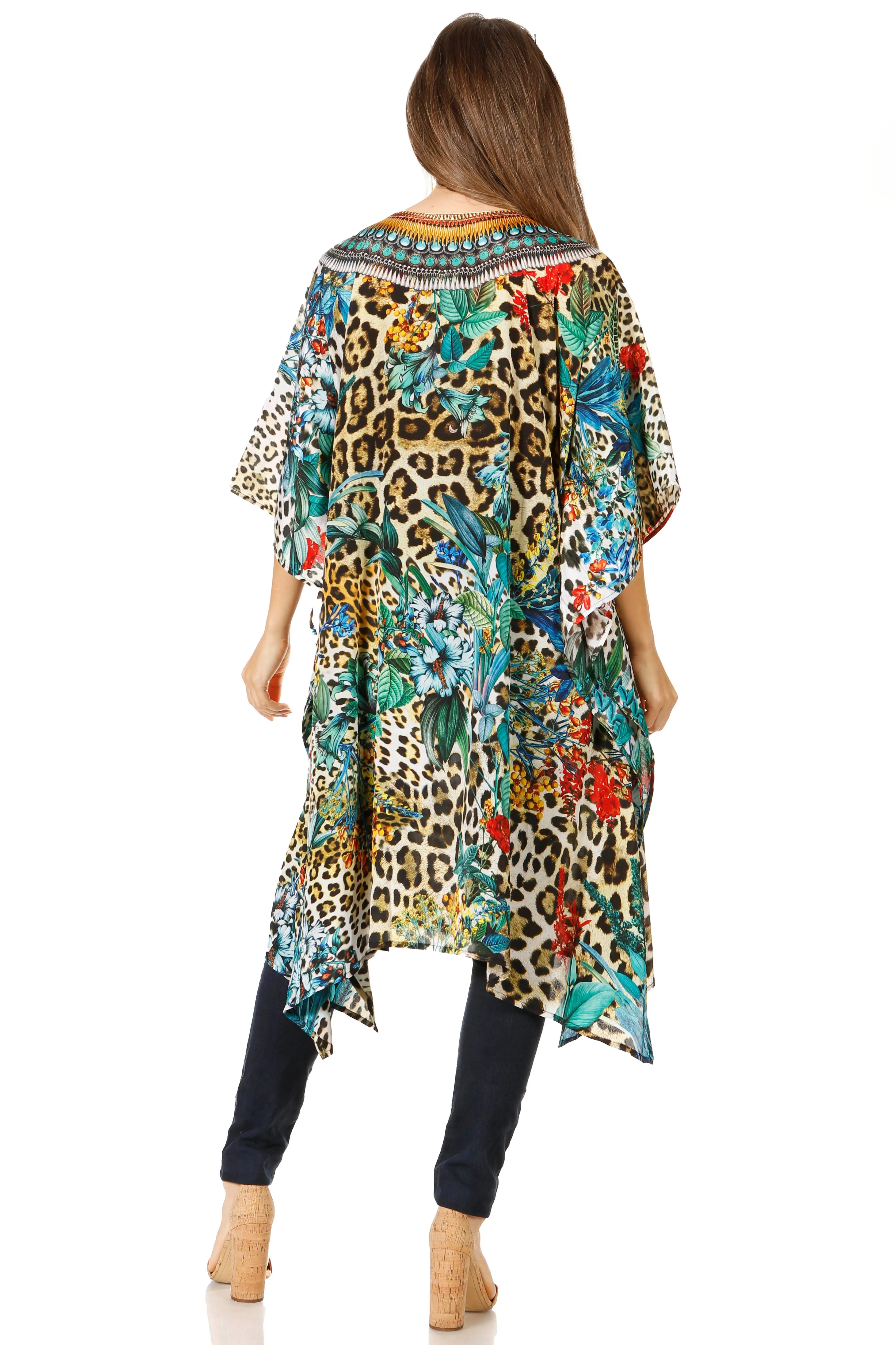 Sakkas Jenni Women's Mid Length Boho Caftan Kaftan Dress Cover up Flowy Rhinestone