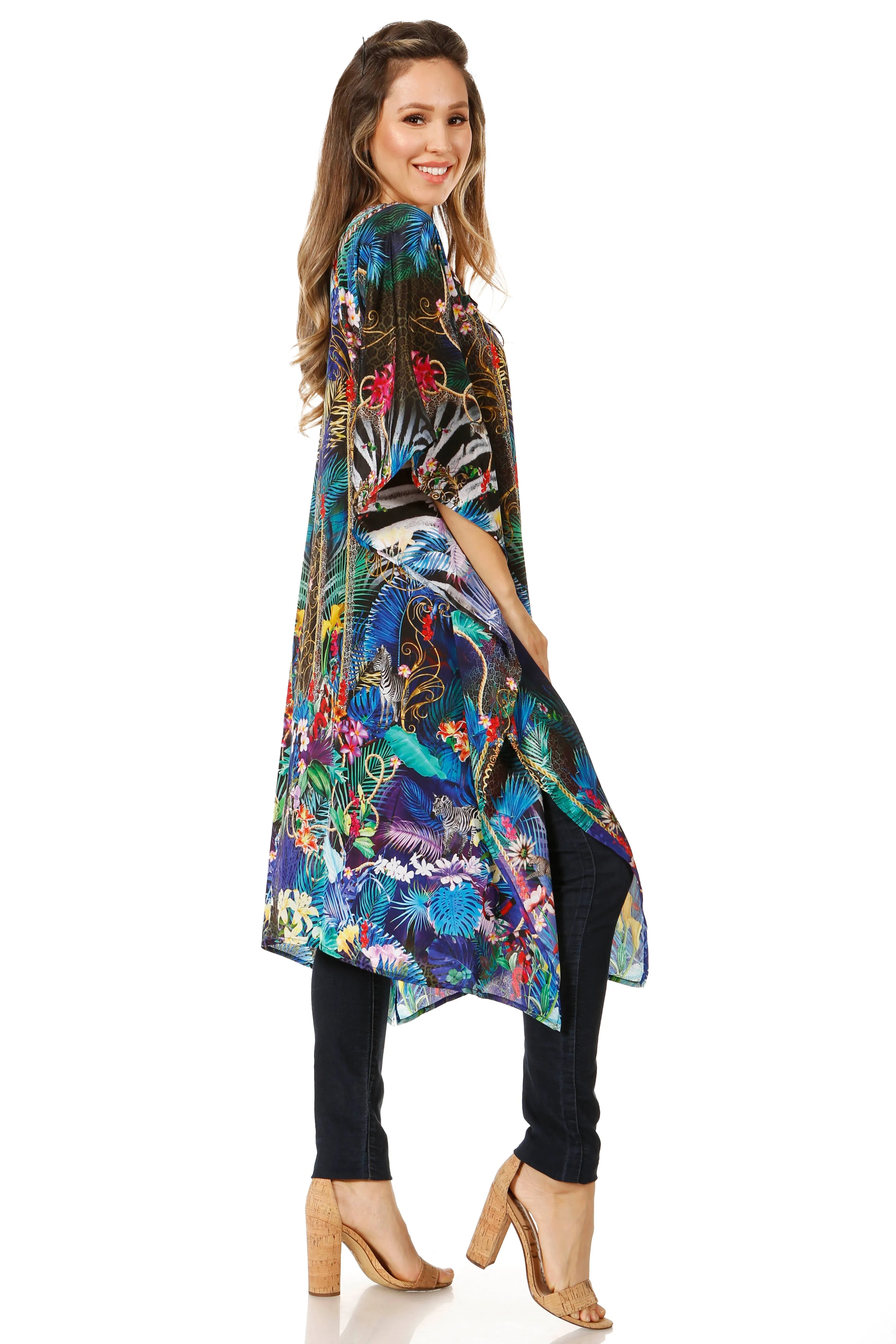 Sakkas Jenni Women's Mid Length Boho Caftan Kaftan Dress Cover up Flowy Rhinestone