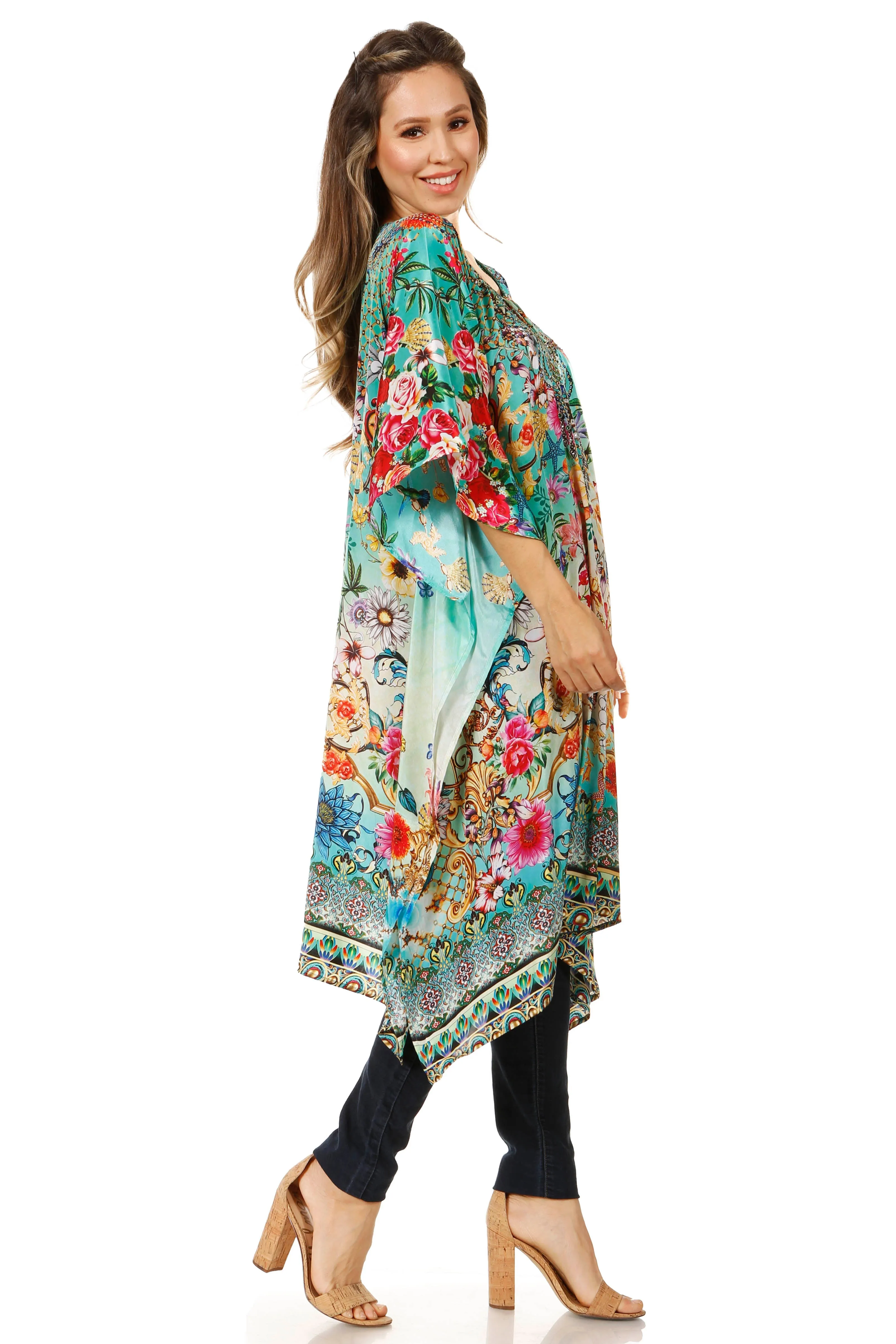 Sakkas Jenni Women's Mid Length Boho Caftan Kaftan Dress Cover up Flowy Rhinestone