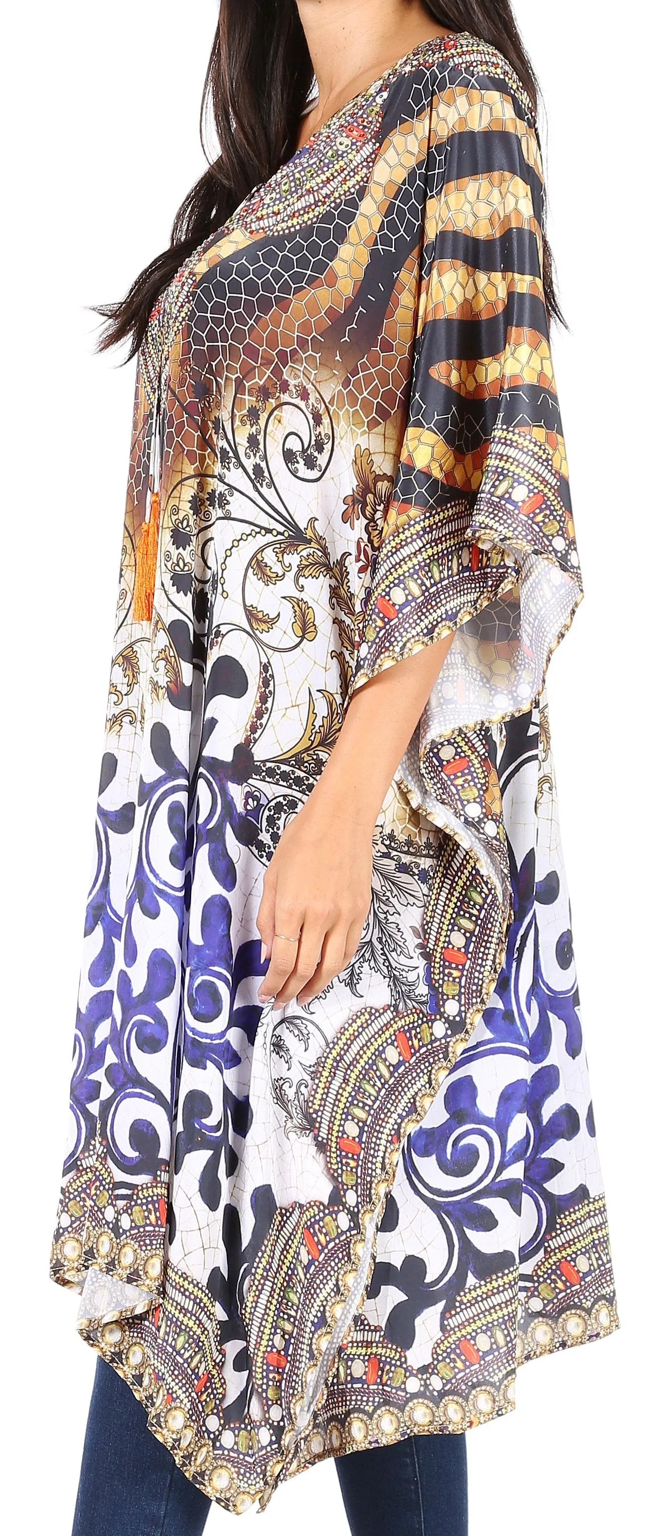 Sakkas Jenni Women's Mid Length Boho Caftan Kaftan Dress Cover up Flowy Rhinestone