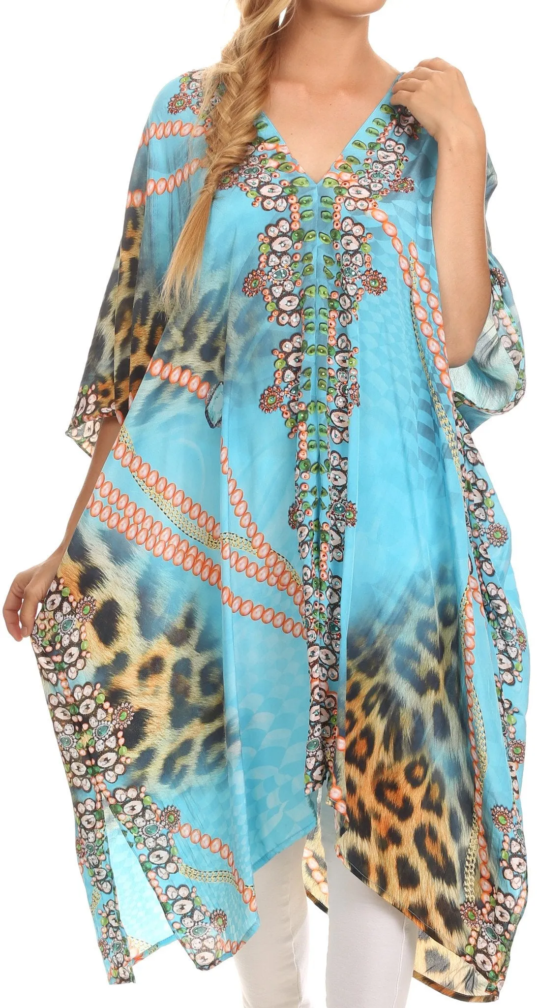 Sakkas Libra Mid Length Caftan Dress / Cover Up With Tribal Print / Rhinestones