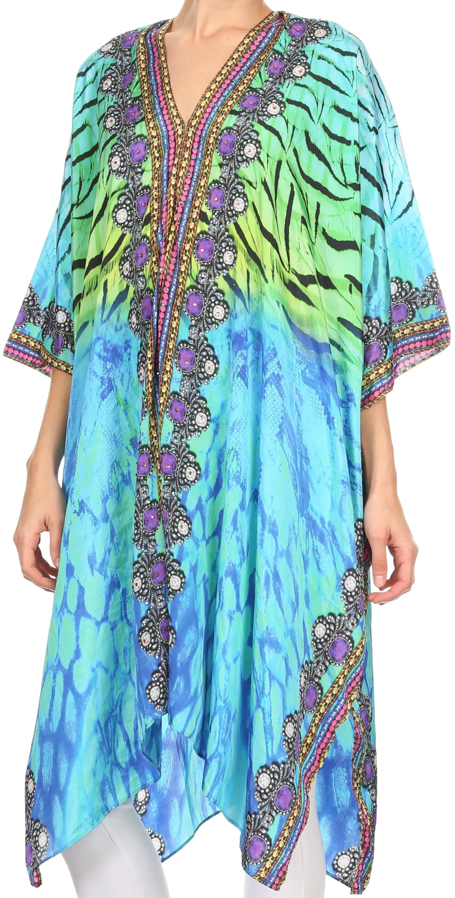 Sakkas Libra Mid Length Caftan Dress / Cover Up With Tribal Print / Rhinestones