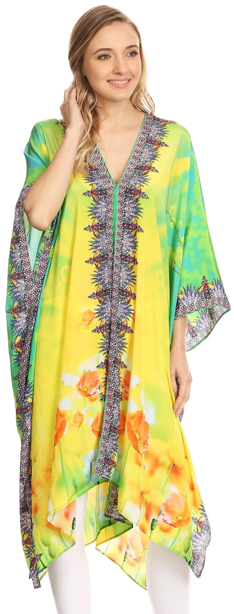 Sakkas Libra Mid Length Caftan Dress / Cover Up With Tribal Print / Rhinestones