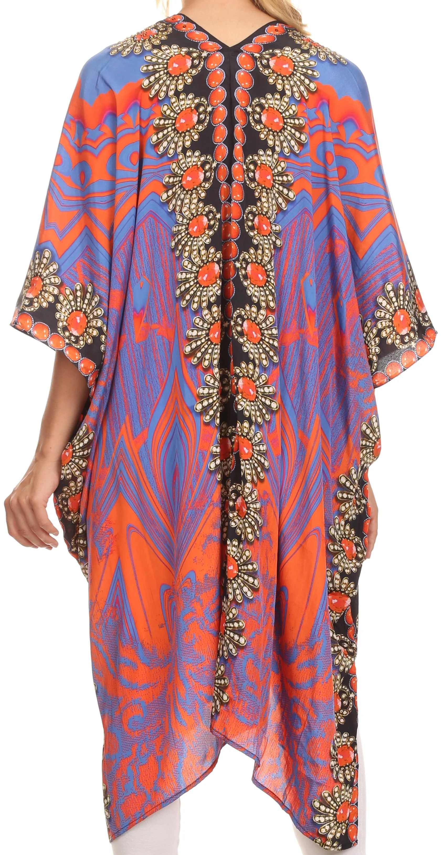 Sakkas Libra Mid Length Caftan Dress / Cover Up With Tribal Print / Rhinestones