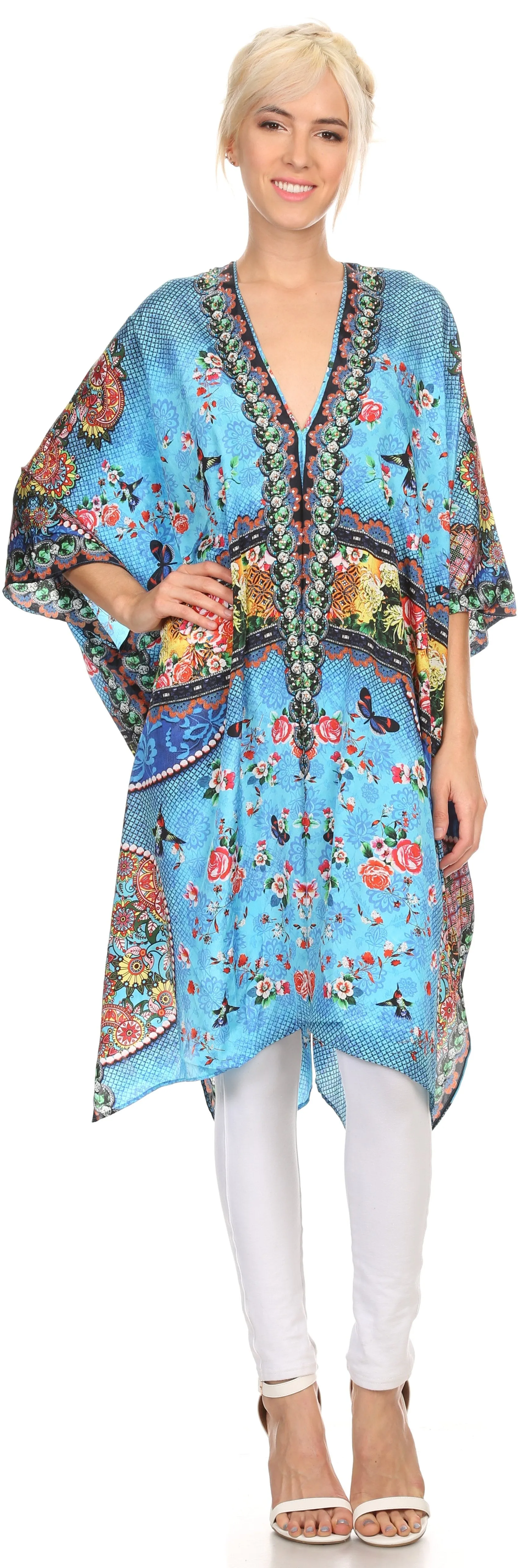 Sakkas Libra Mid Length Caftan Dress / Cover Up With Tribal Print / Rhinestones