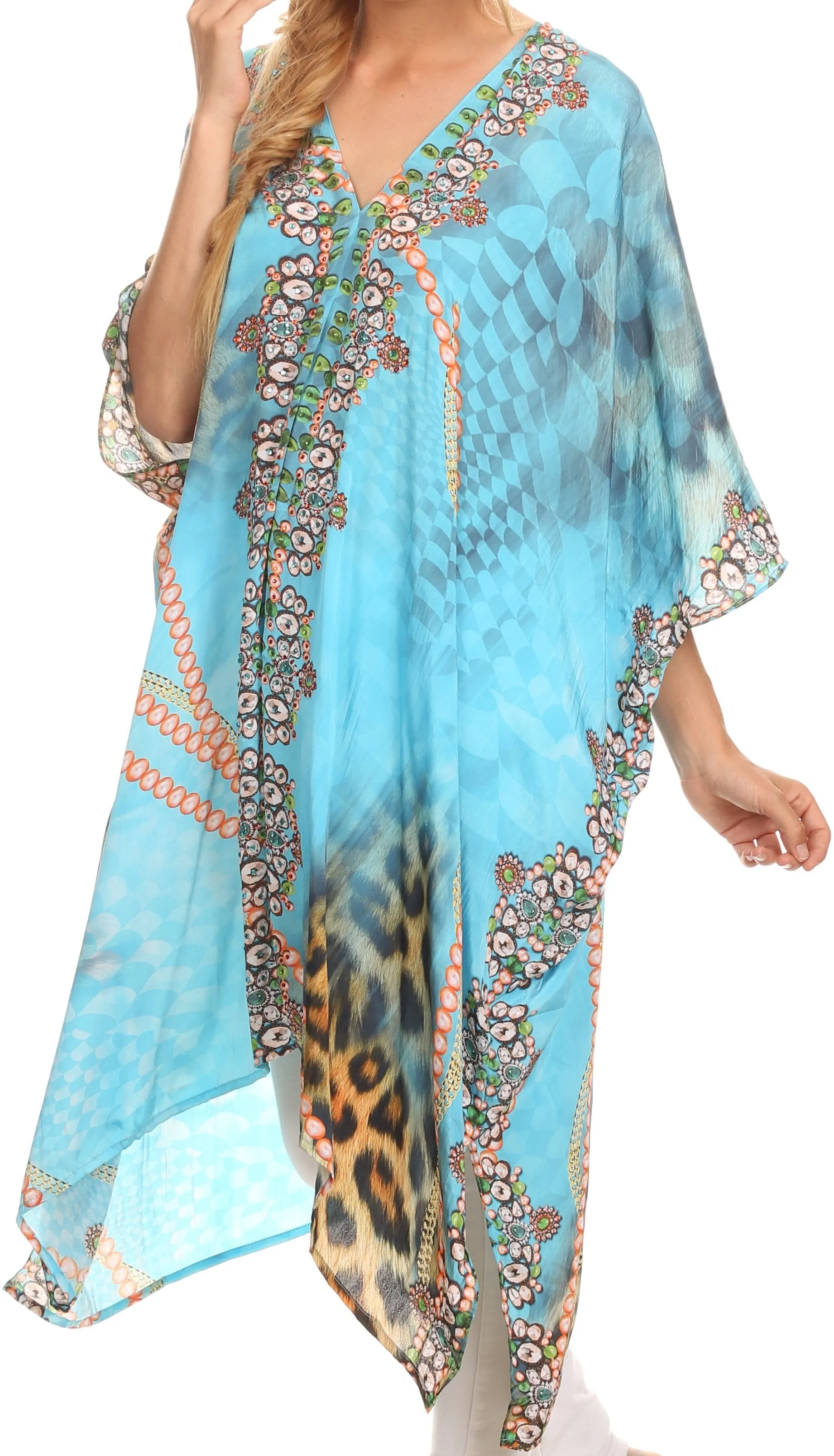 Sakkas Libra Mid Length Caftan Dress / Cover Up With Tribal Print / Rhinestones