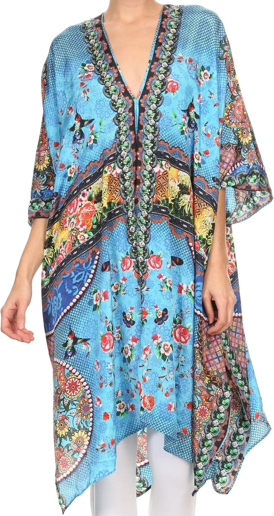 Sakkas Libra Mid Length Caftan Dress / Cover Up With Tribal Print / Rhinestones