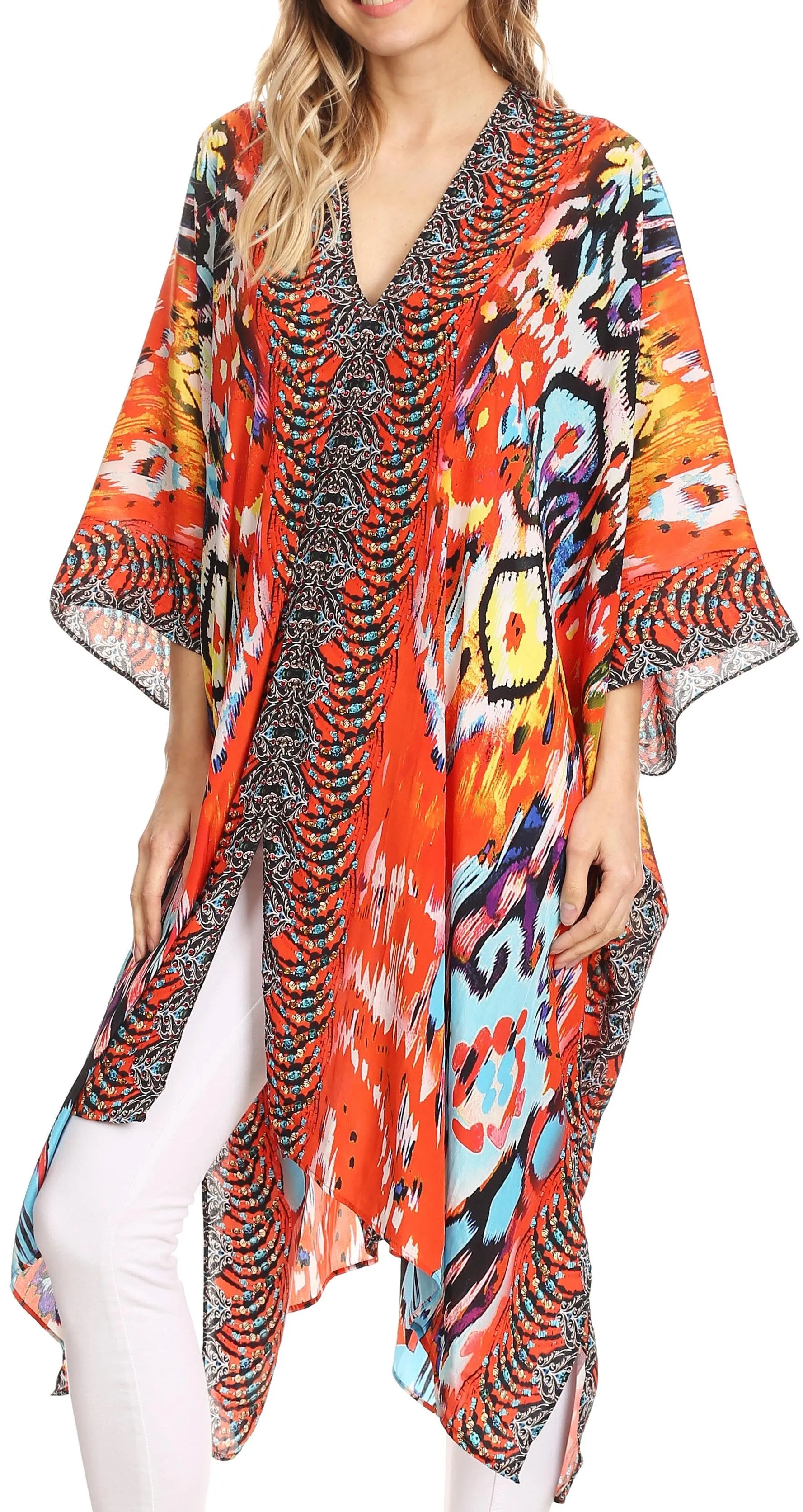 Sakkas Libra Mid Length Caftan Dress / Cover Up With Tribal Print / Rhinestones