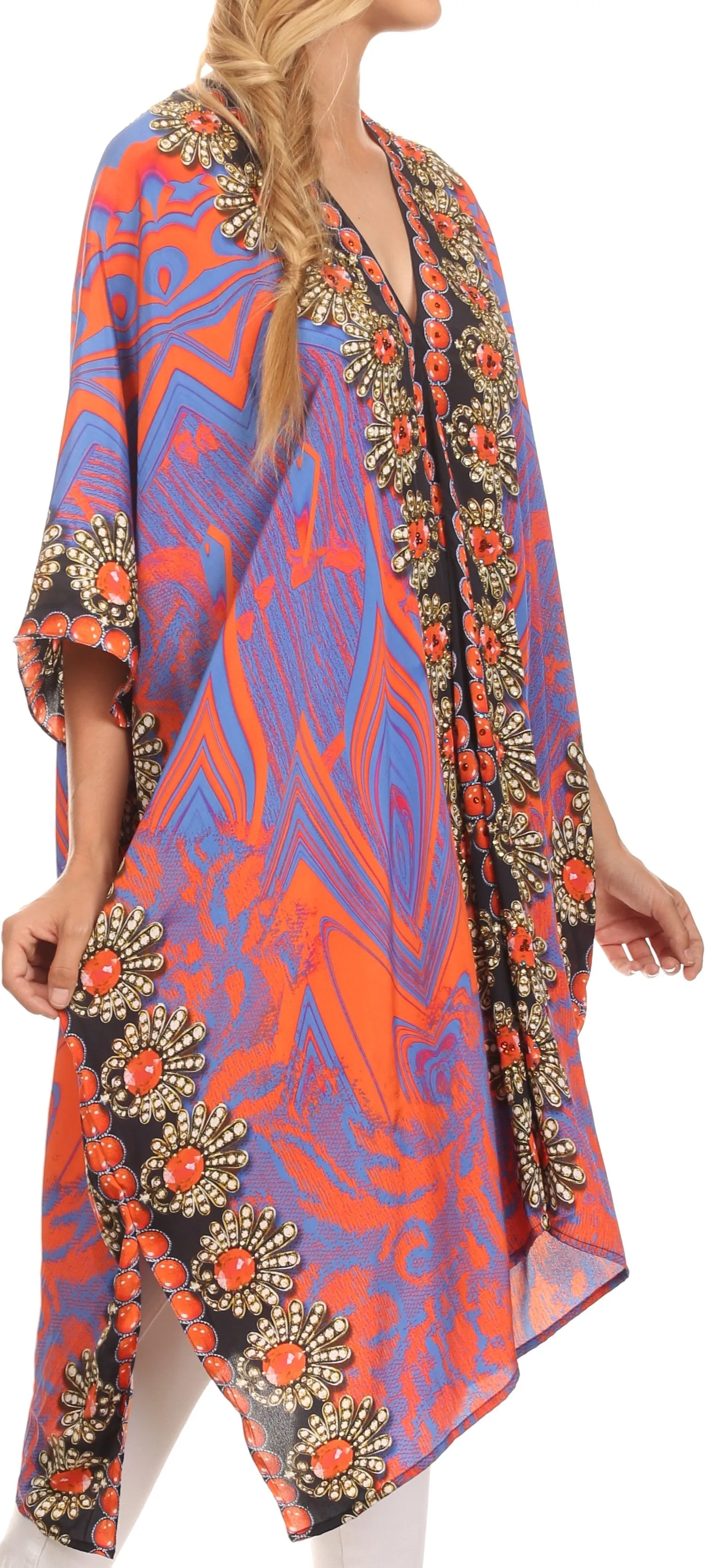 Sakkas Libra Mid Length Caftan Dress / Cover Up With Tribal Print / Rhinestones