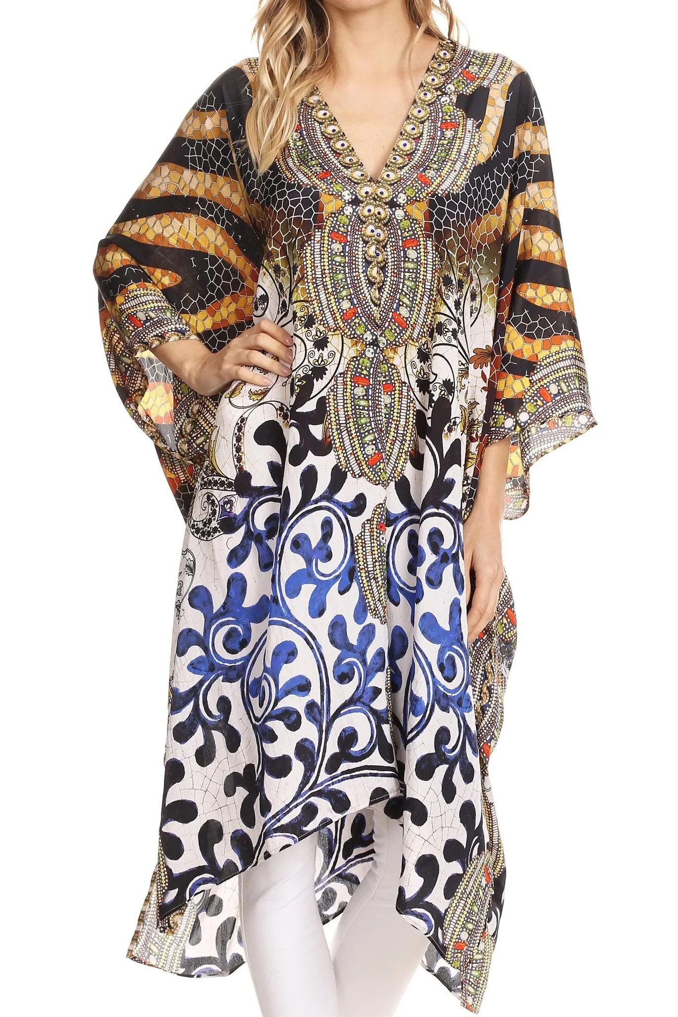 Sakkas Libra Mid Length Caftan Dress / Cover Up With Tribal Print / Rhinestones